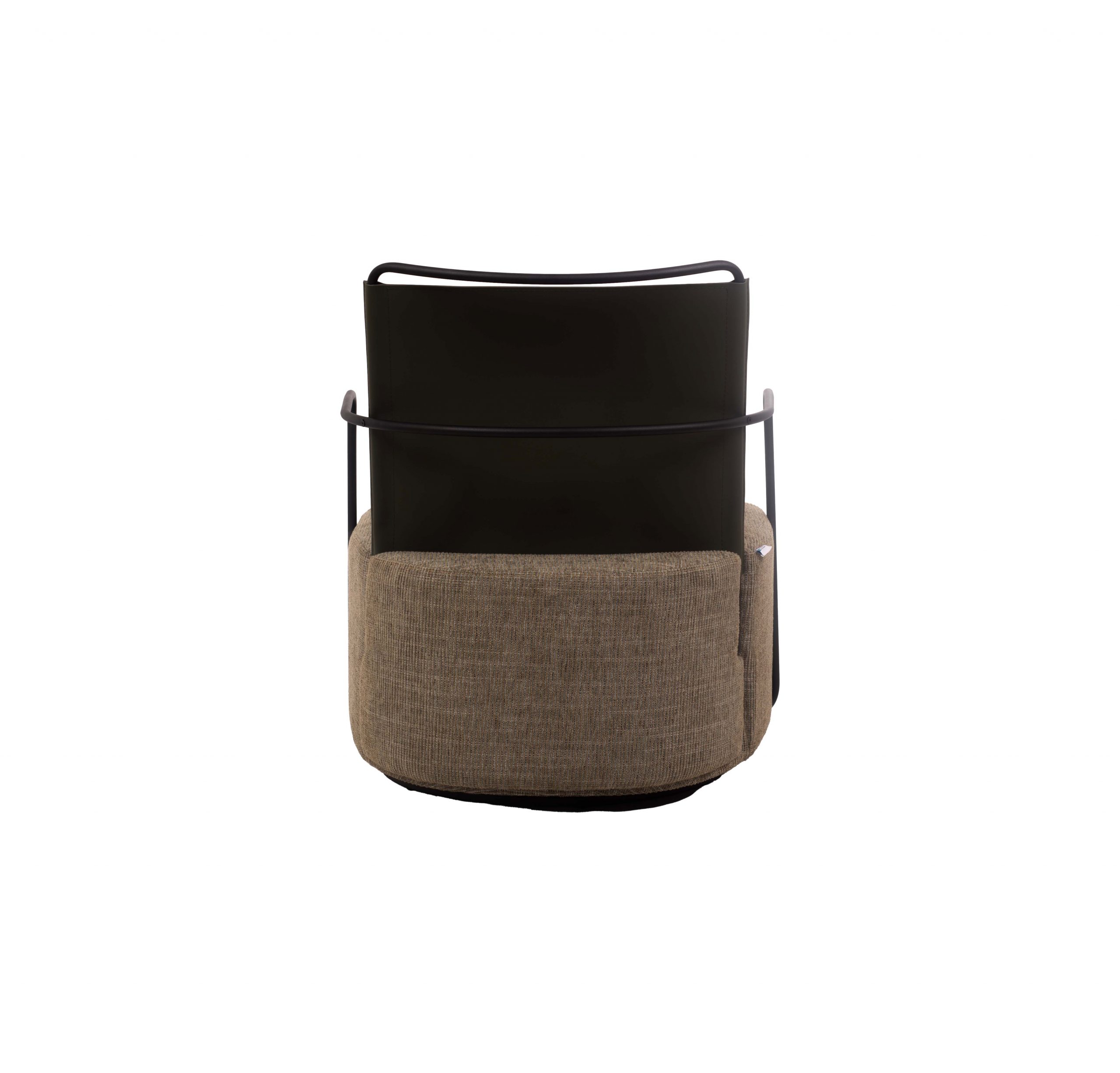 Cushioned armchair with a sleek black metal frame. The seat and back cushions are covered in textured green fabric, conveying a modern, cozy feel.