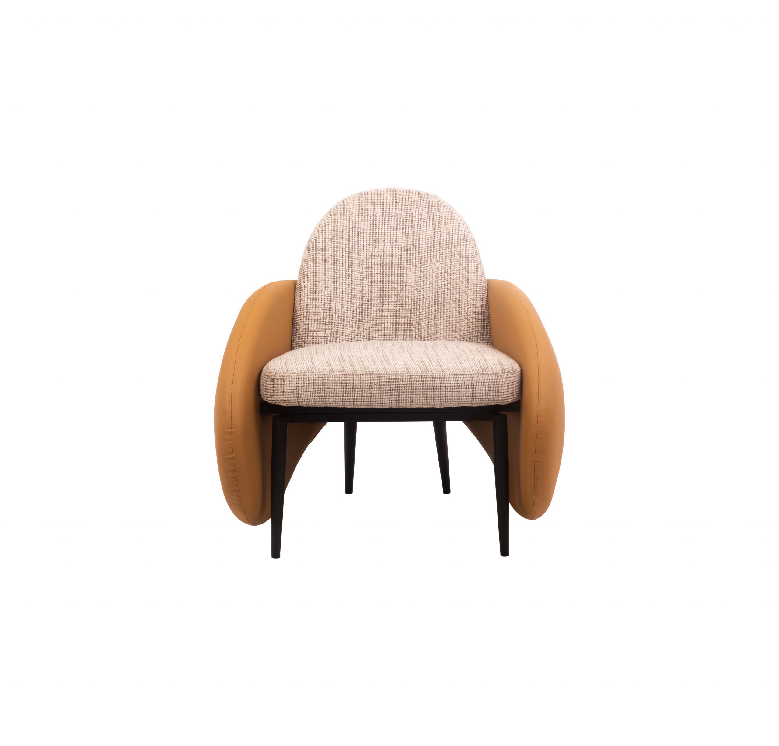 Modern chair with a textured, rounded backrest, cushioned seat in beige fabric, and large curved tan leather armrests on black legs. Elegant design.