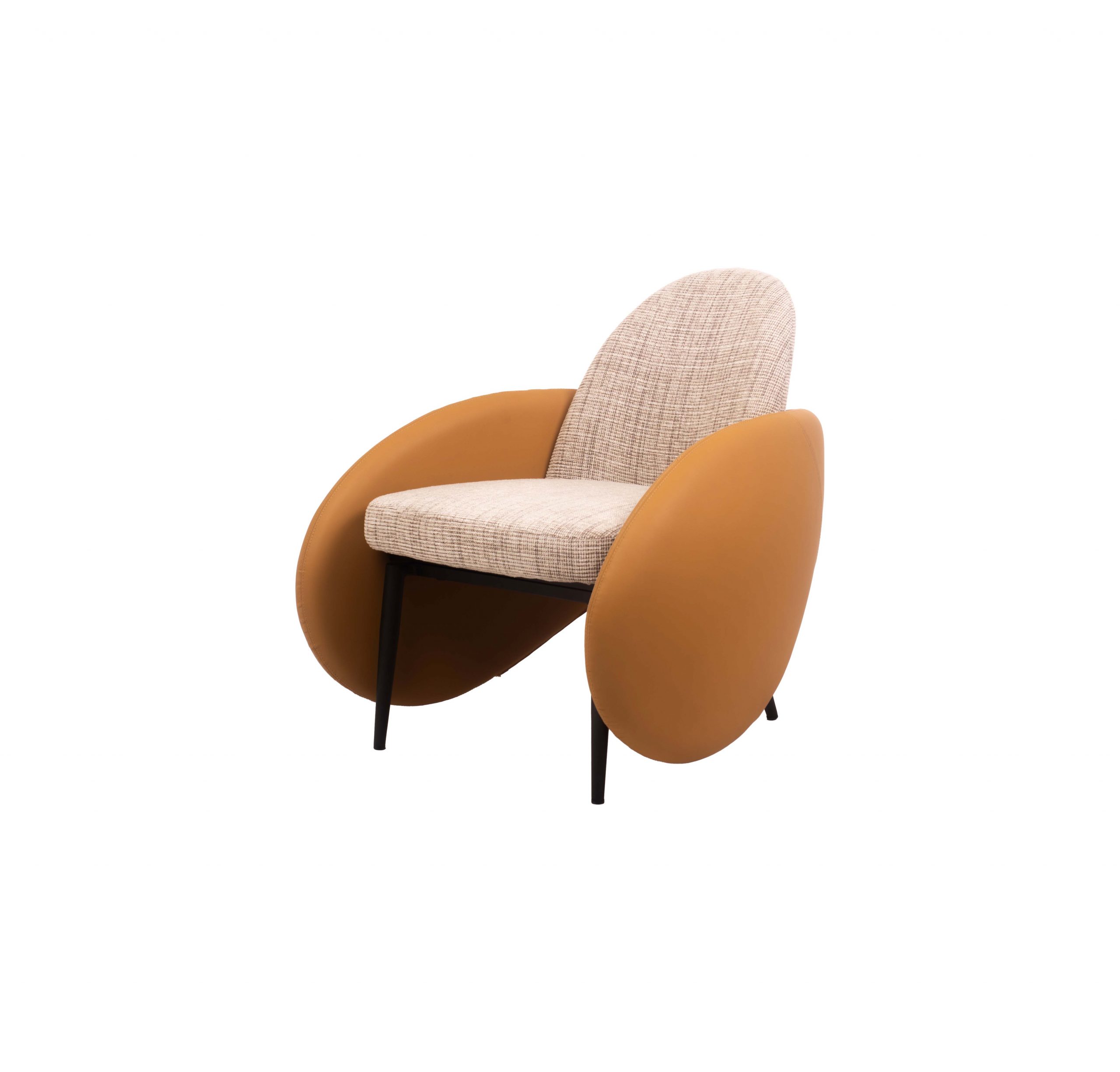Modern chair with a textured, rounded backrest, cushioned seat in beige fabric, and large curved tan leather armrests on black legs. Elegant design.