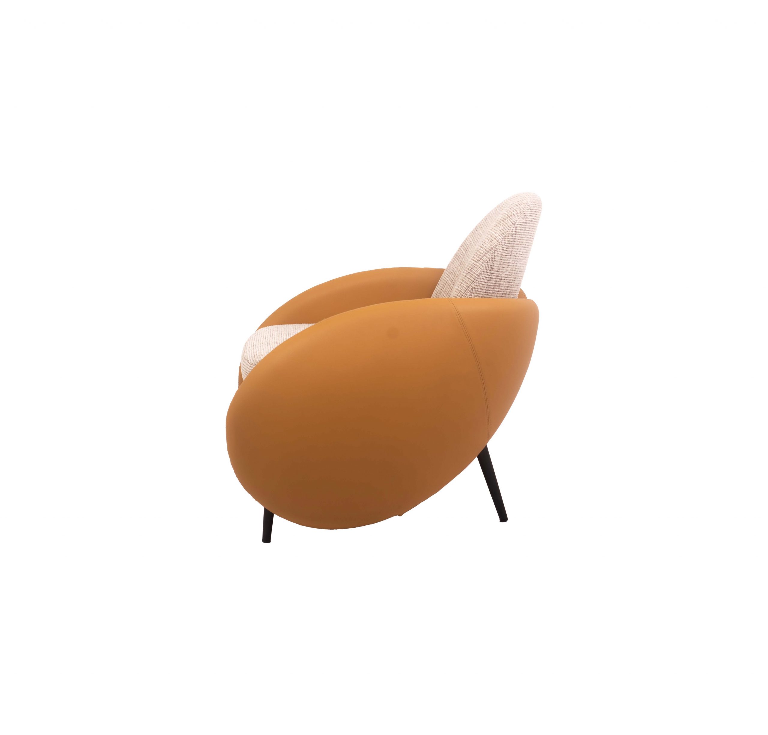 Modern chair with a textured, rounded backrest, cushioned seat in beige fabric, and large curved tan leather armrests on black legs. Elegant design.