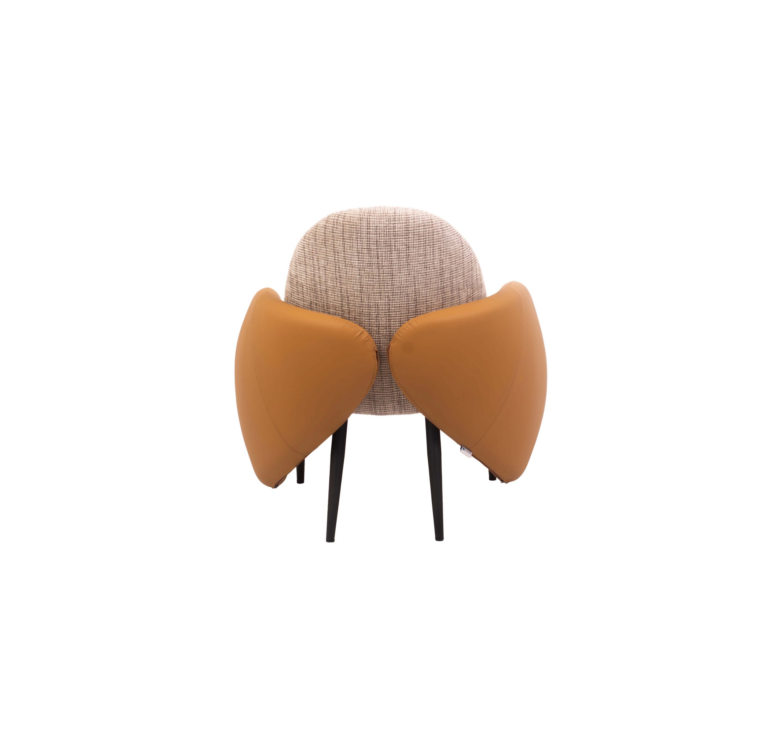 Modern chair with a textured, rounded backrest, cushioned seat in beige fabric, and large curved tan leather armrests on black legs. Elegant design.