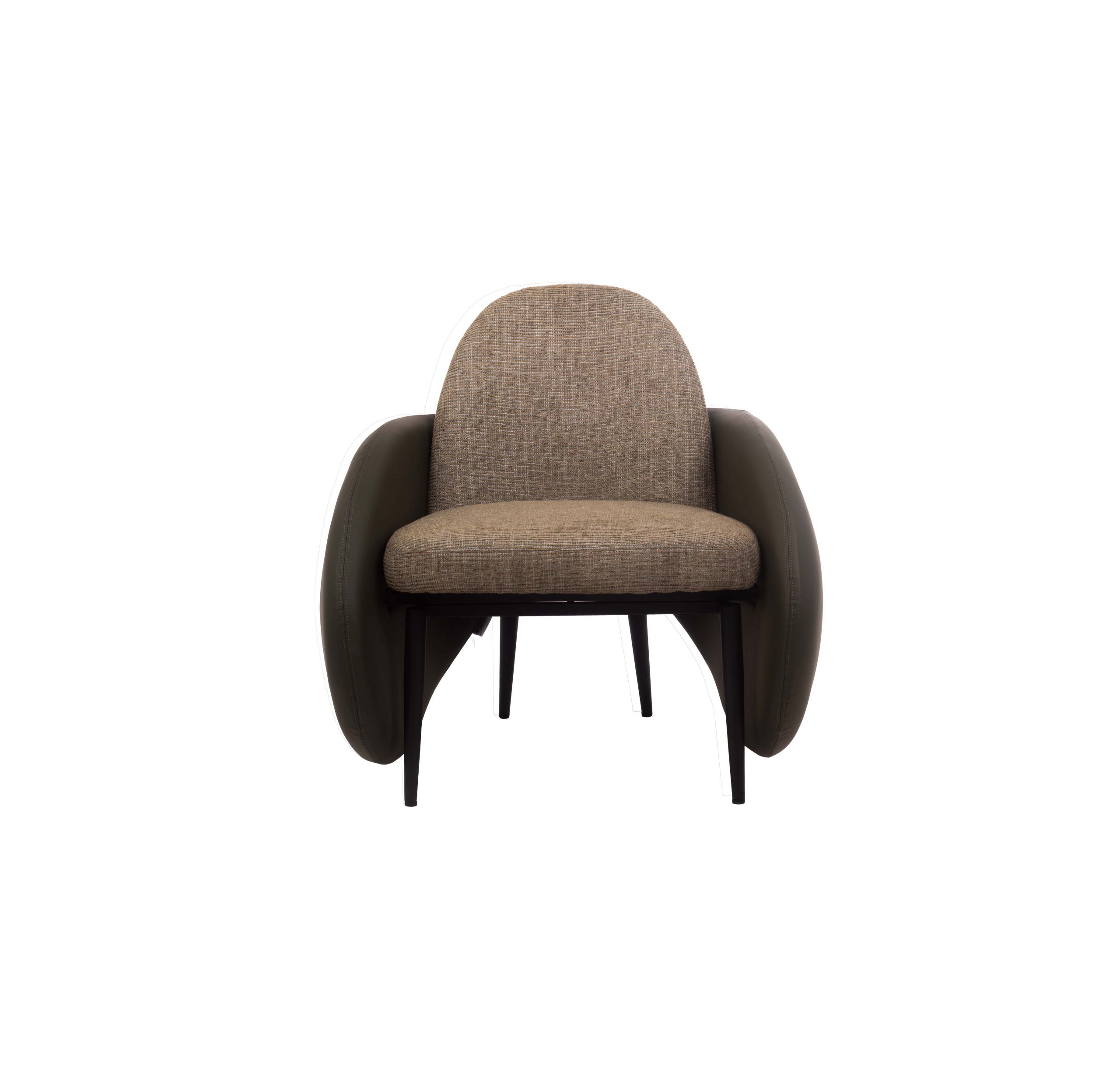 Green upholstered armchair with rounded backrest and wide armrests. Features black metal legs. Modern design with a cozy and inviting feel.