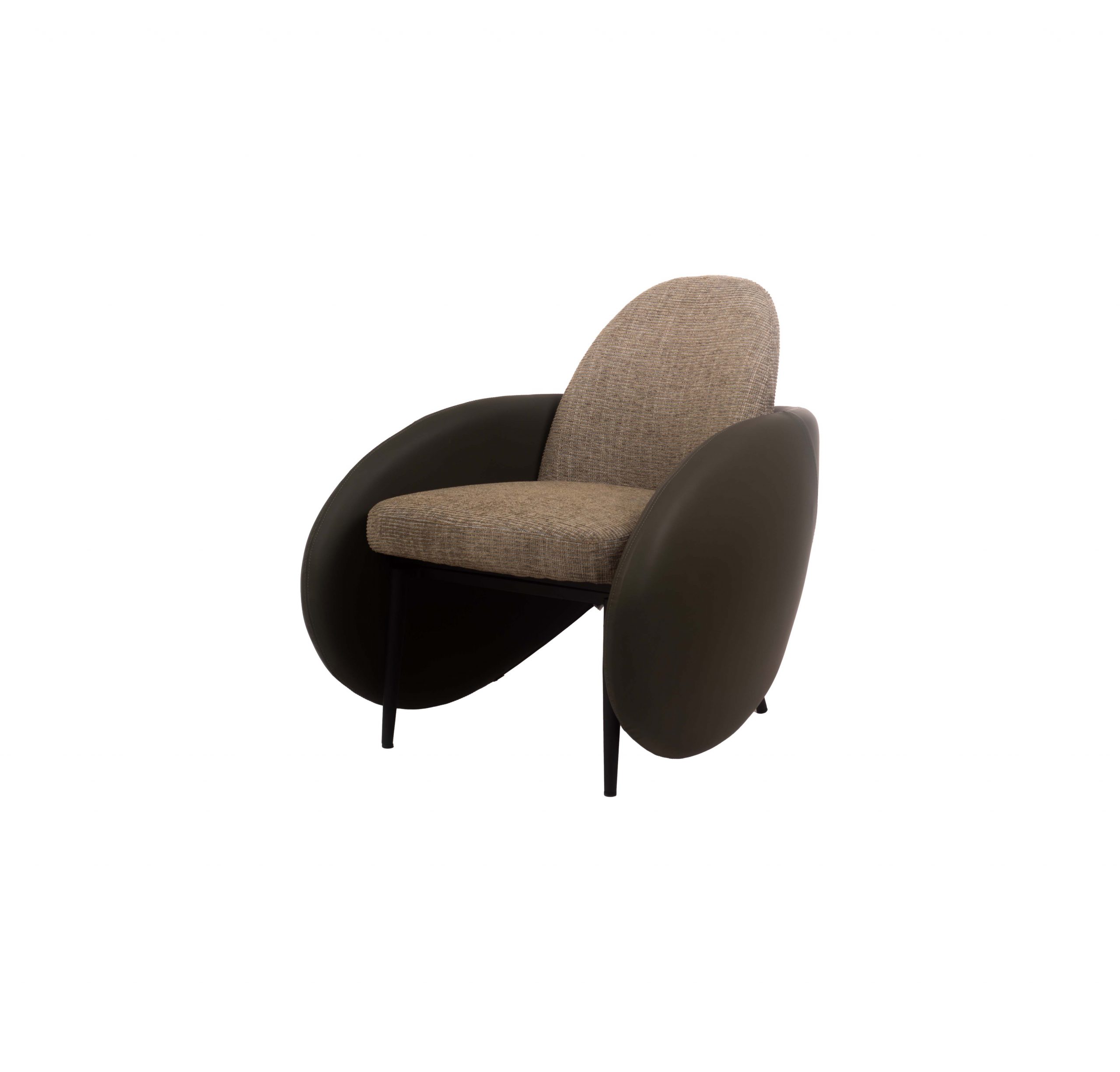Green upholstered armchair with rounded backrest and wide armrests. Features black metal legs. Modern design with a cozy and inviting feel.