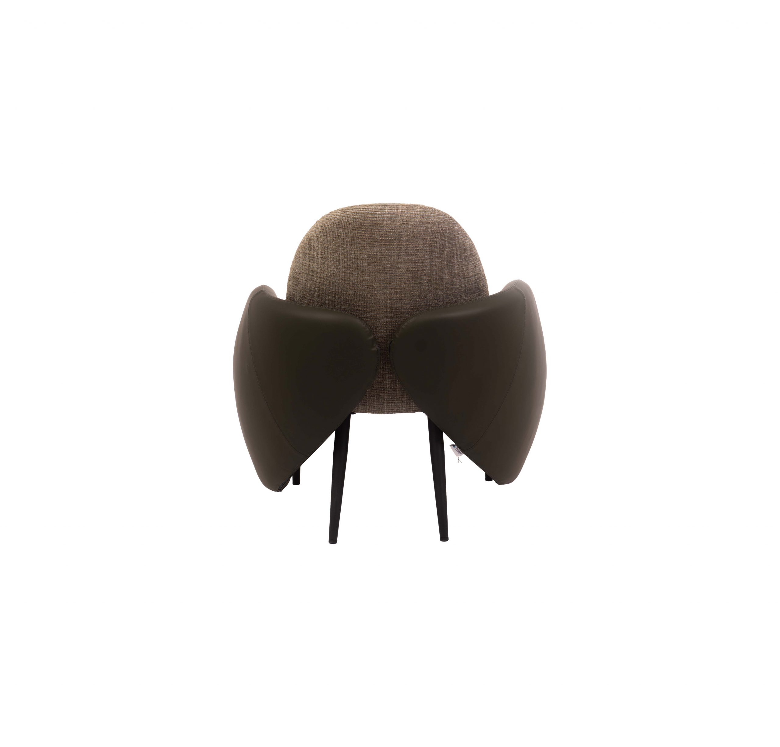 Green upholstered armchair with rounded backrest and wide armrests. Features black metal legs. Modern design with a cozy and inviting feel.