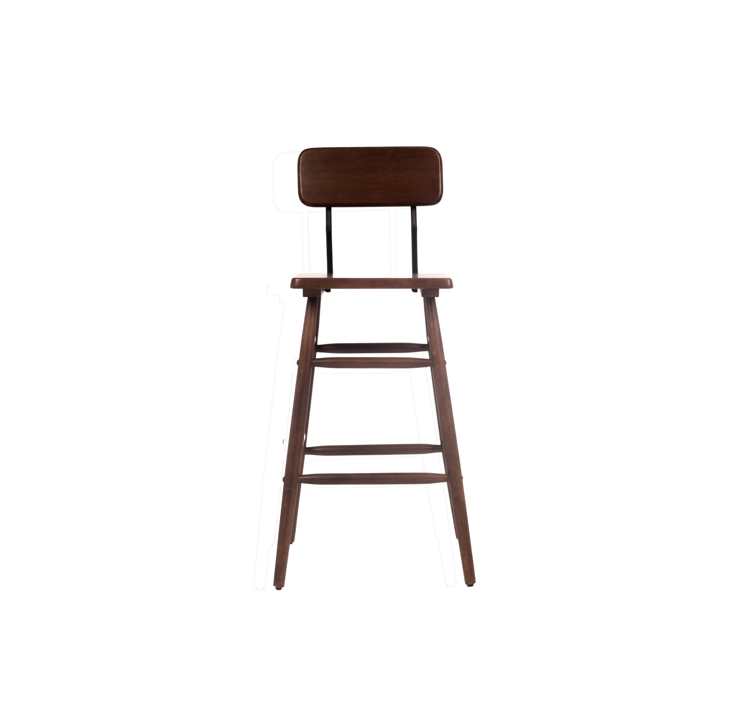 A tall wooden bar stool with a square seat and backrest, supported by four legs and two footrests. The design is simple, sleek, and modern.