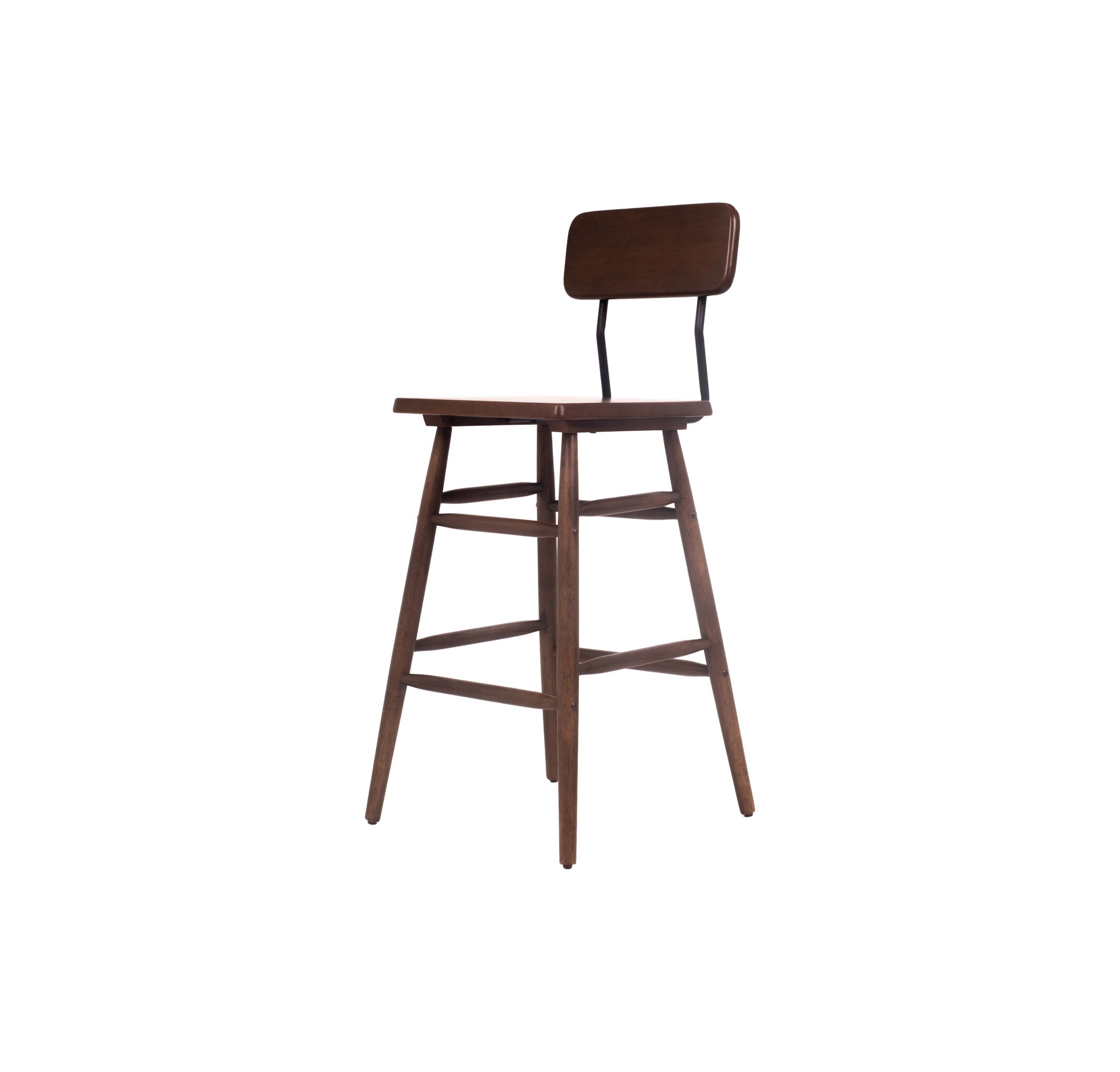 A tall wooden bar stool with a square seat and backrest, supported by four legs and two footrests. The design is simple, sleek, and modern.