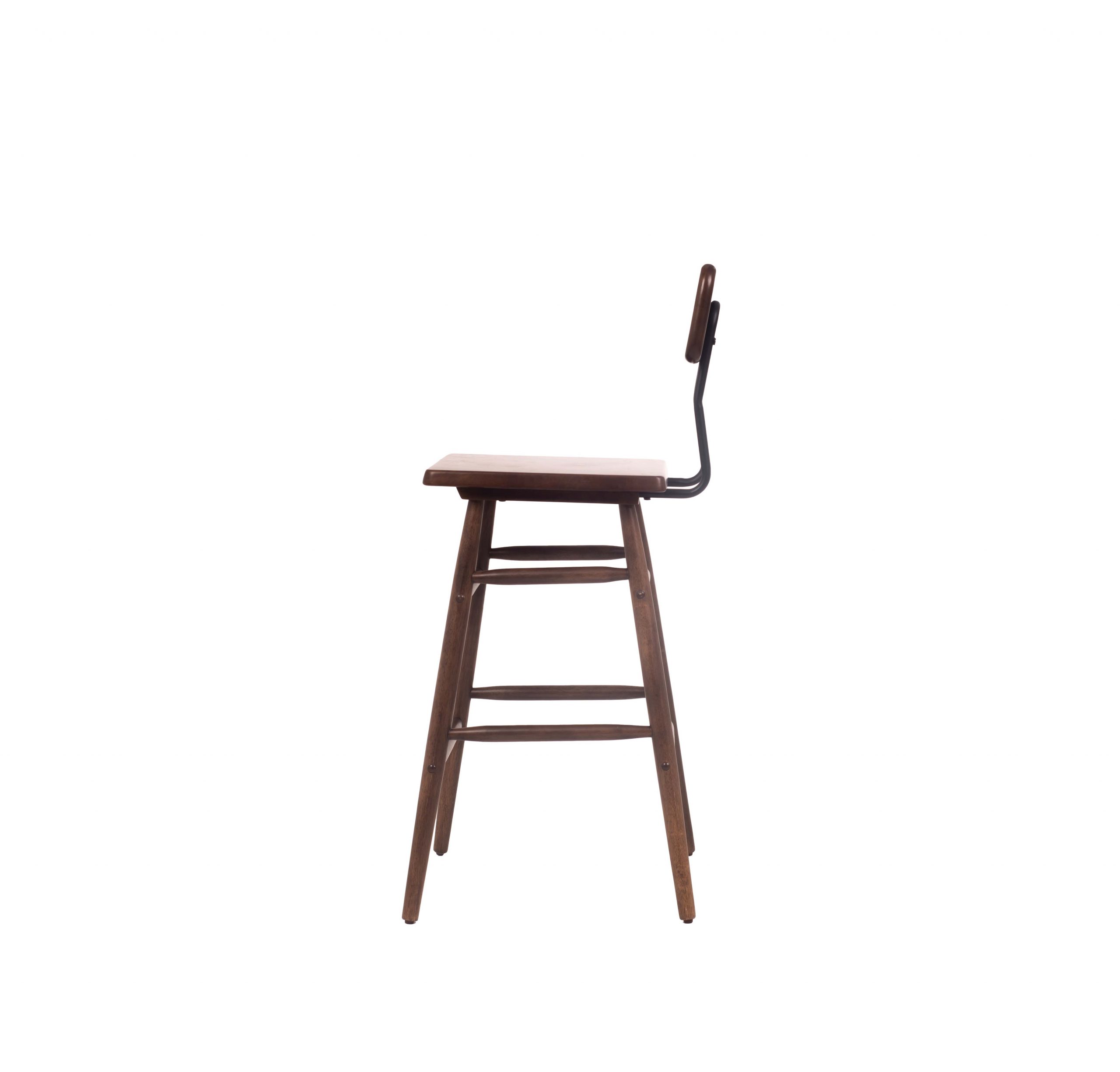 A tall wooden bar stool with a square seat and backrest, supported by four legs and two footrests. The design is simple, sleek, and modern.