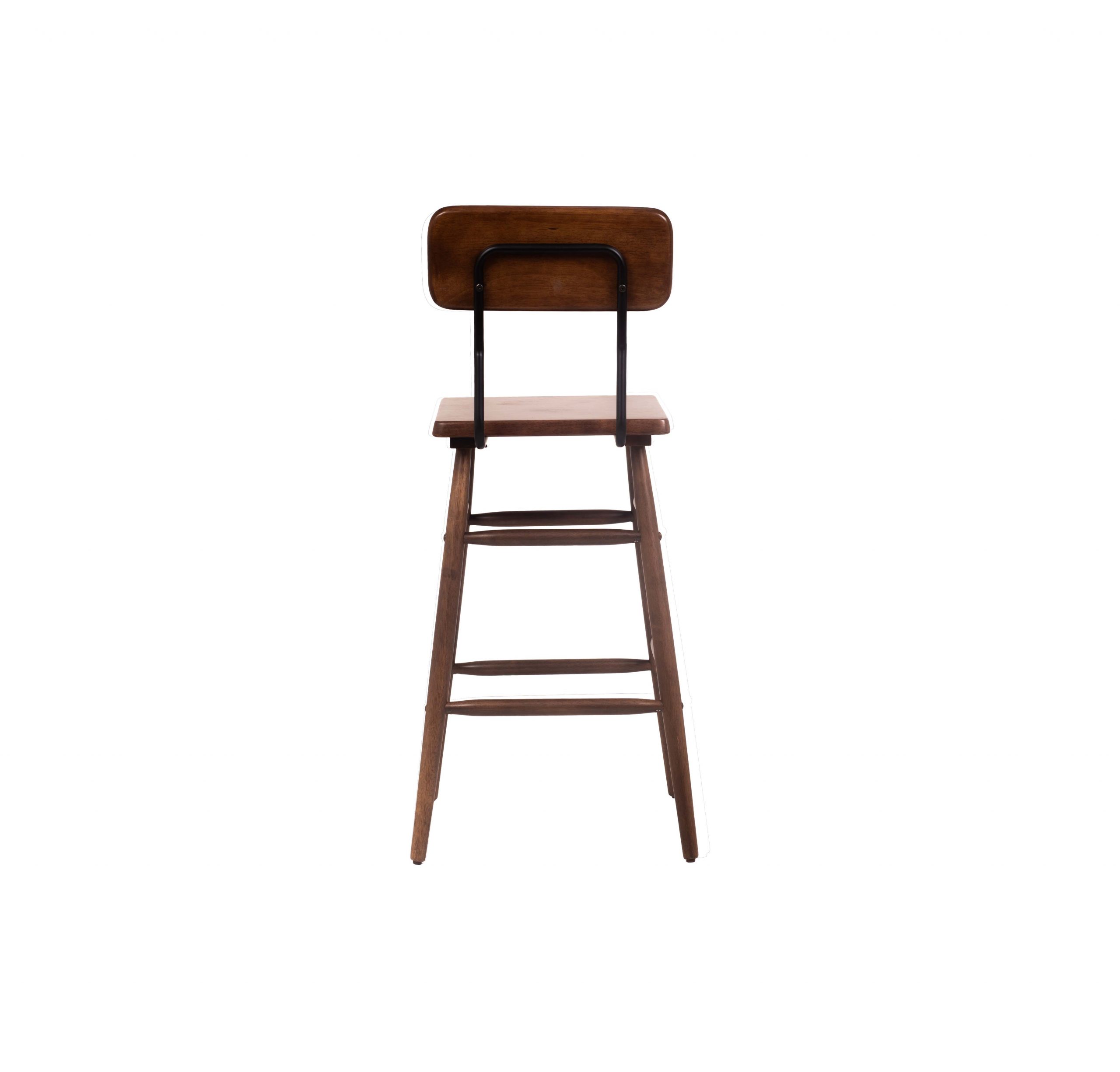 A tall wooden bar stool with a square seat and backrest, supported by four legs and two footrests. The design is simple, sleek, and modern.