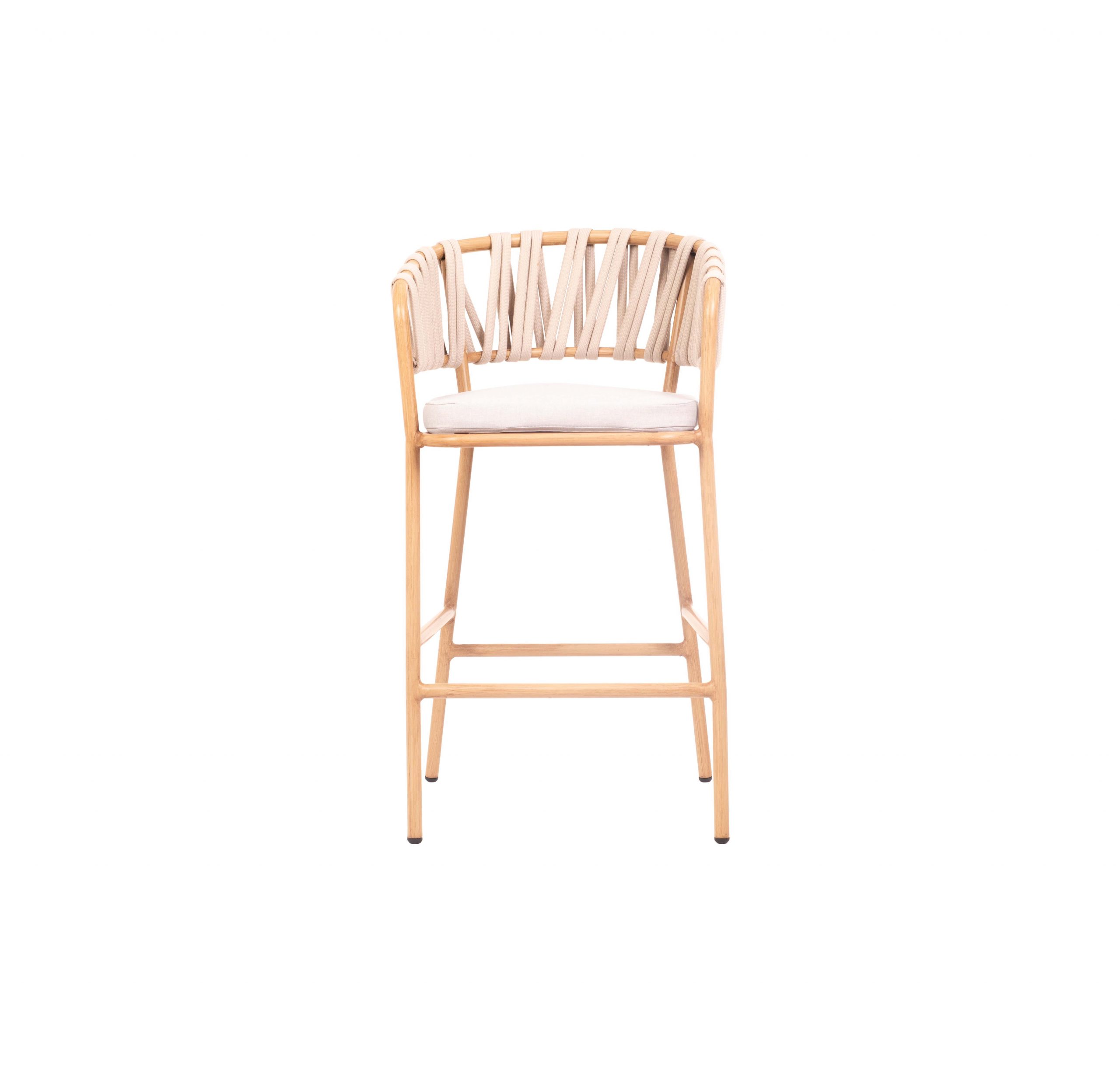 Natural wooden bar stool with a white cushioned seat and backrest. The back features a woven design with light-colored straps, creating a modern, stylish look.