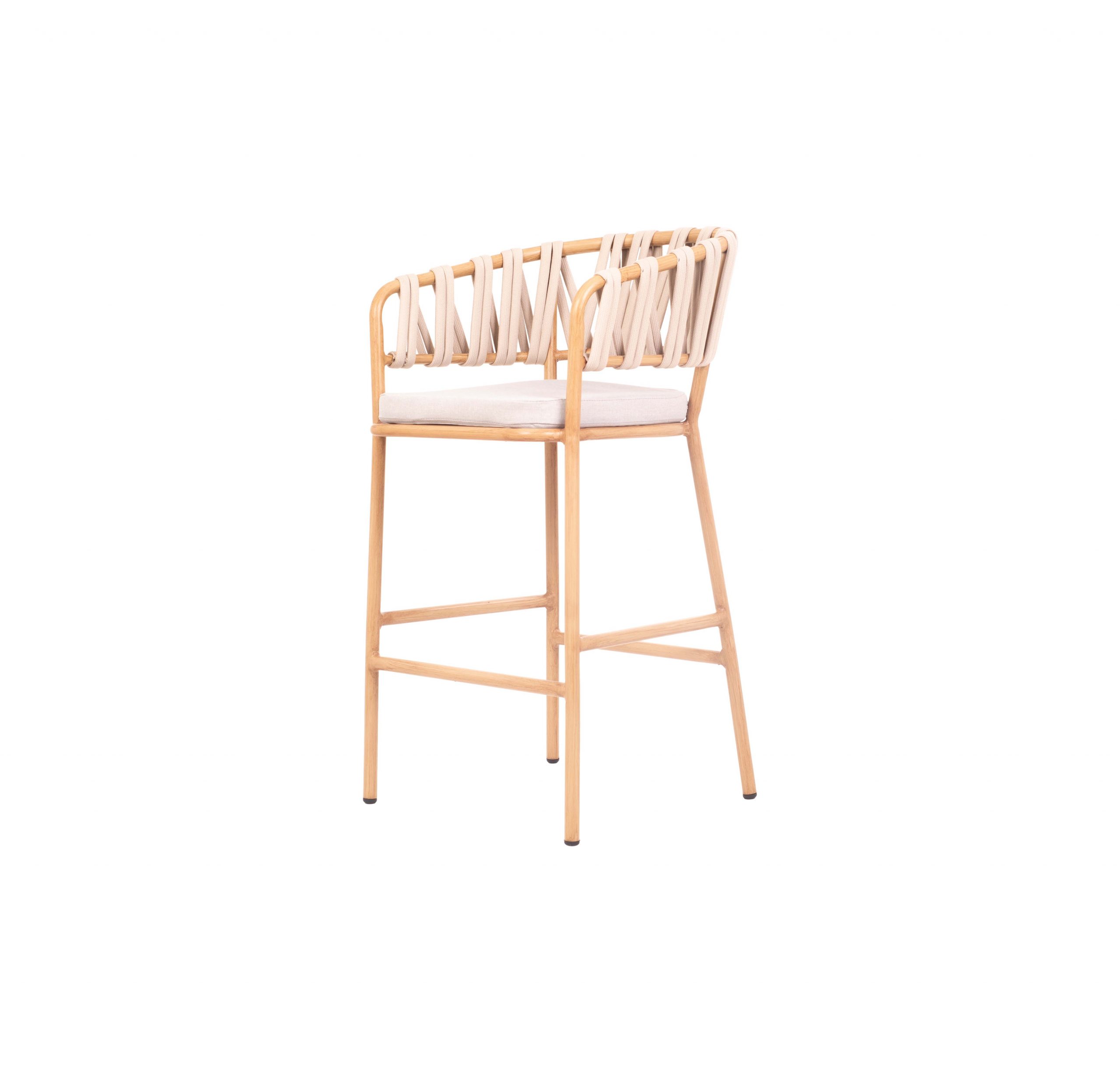 Natural wooden bar stool with a white cushioned seat and backrest. The back features a woven design with light-colored straps, creating a modern, stylish look.