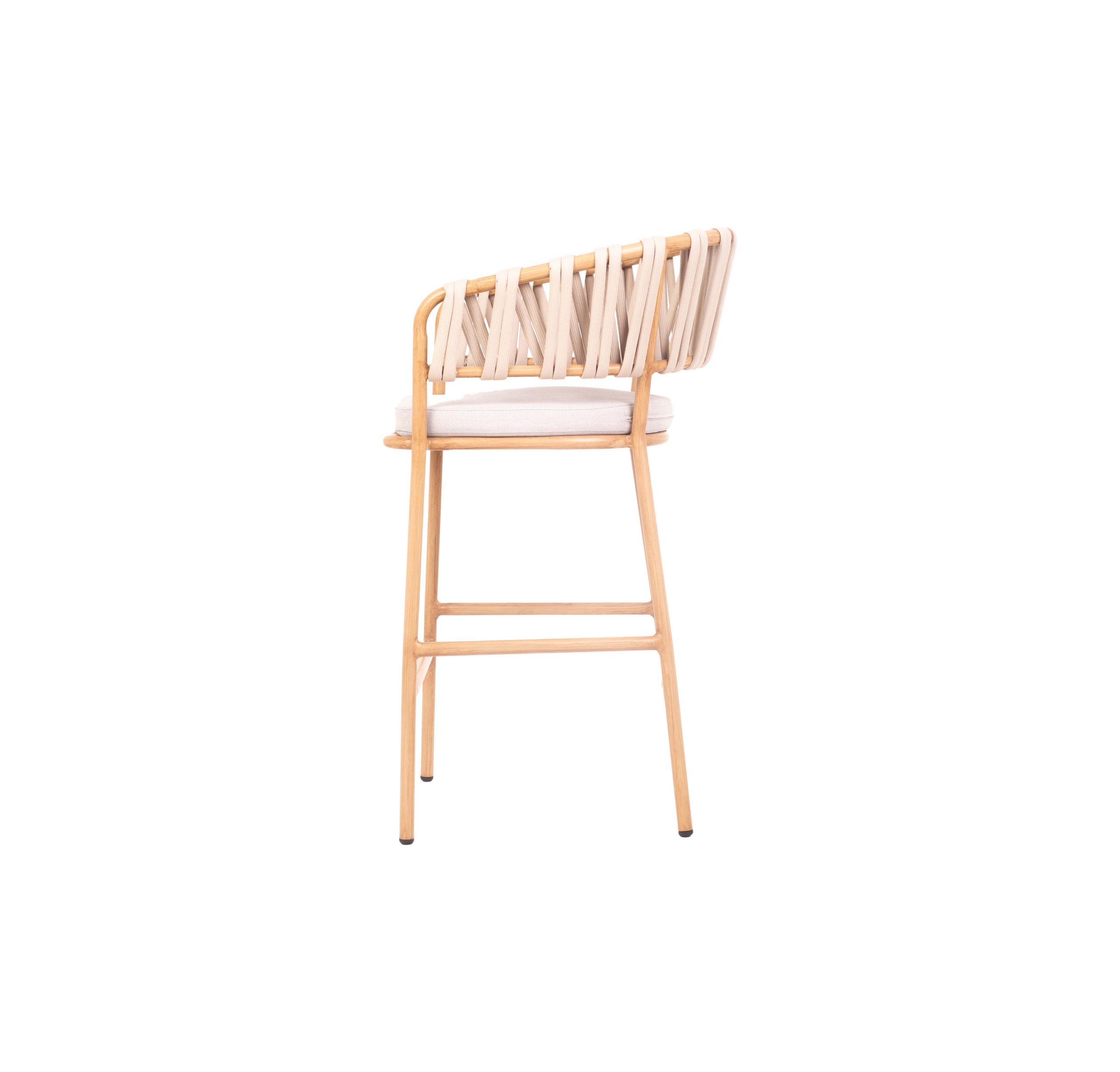 Natural wooden bar stool with a white cushioned seat and backrest. The back features a woven design with light-colored straps, creating a modern, stylish look.