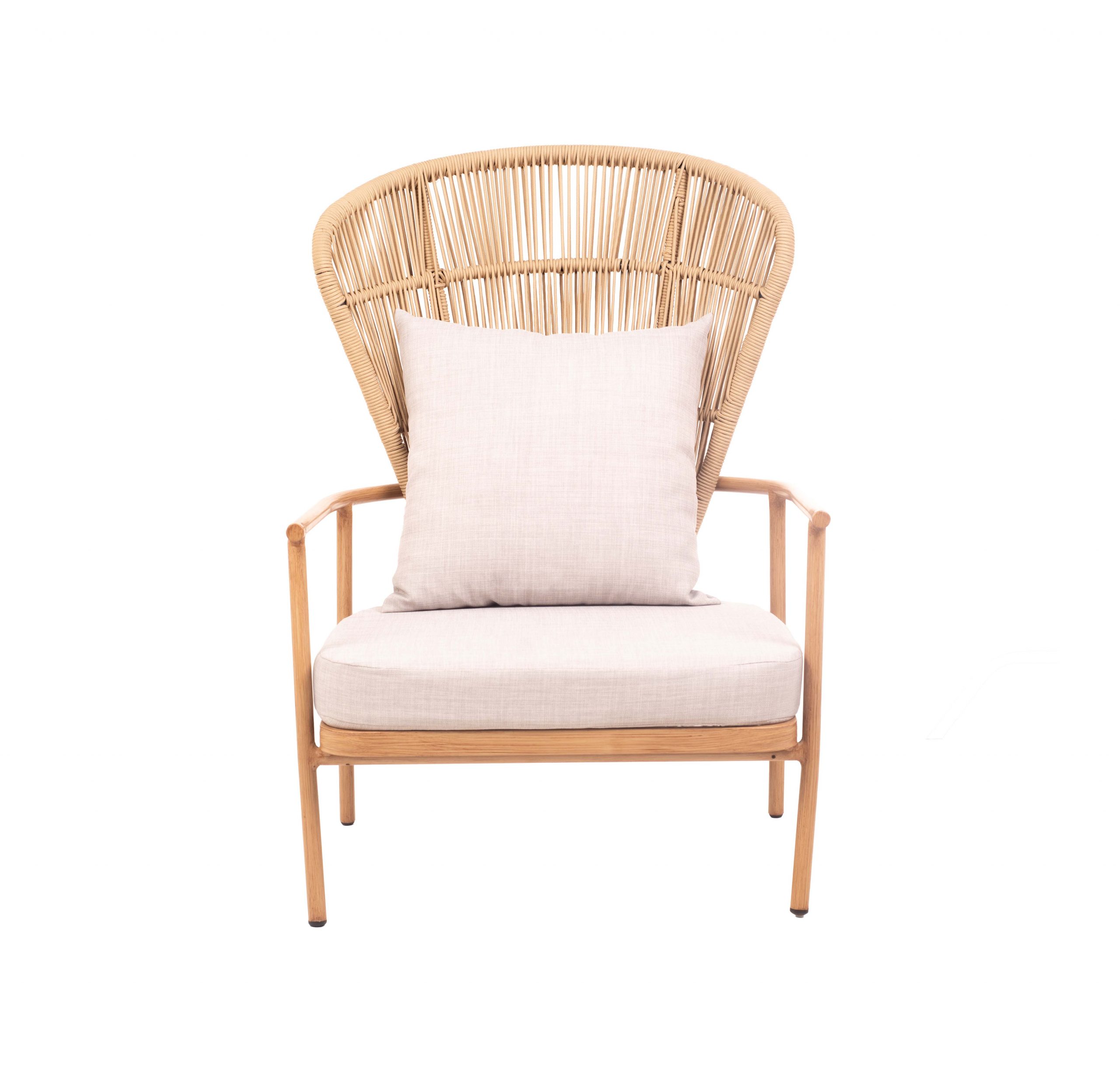 Beige cushioned chair with a wicker backrest and wooden armrests, creating a natural, relaxed aesthetic. The setting is minimalist and inviting.