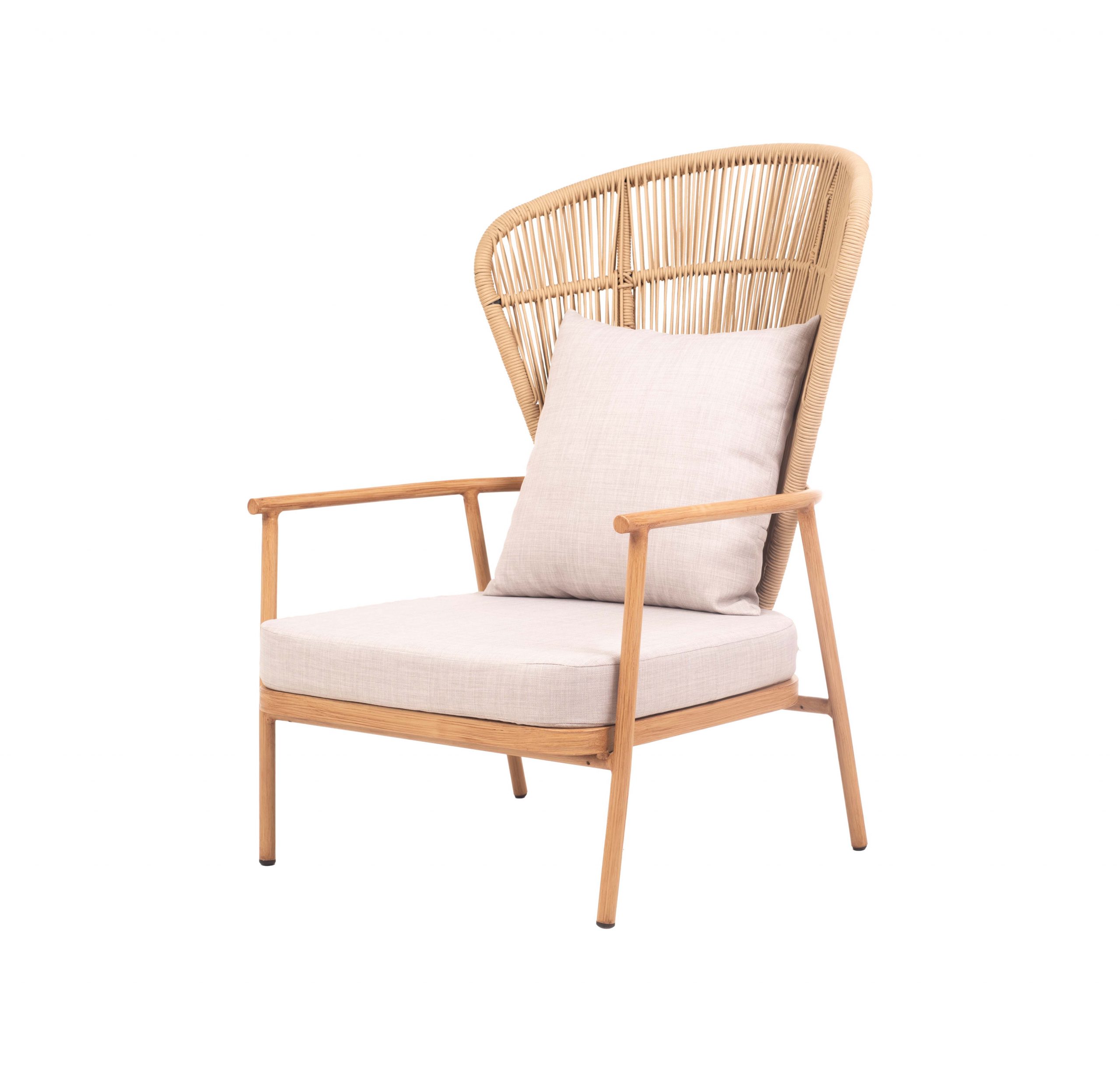 Beige cushioned chair with a wicker backrest and wooden armrests, creating a natural, relaxed aesthetic. The setting is minimalist and inviting.