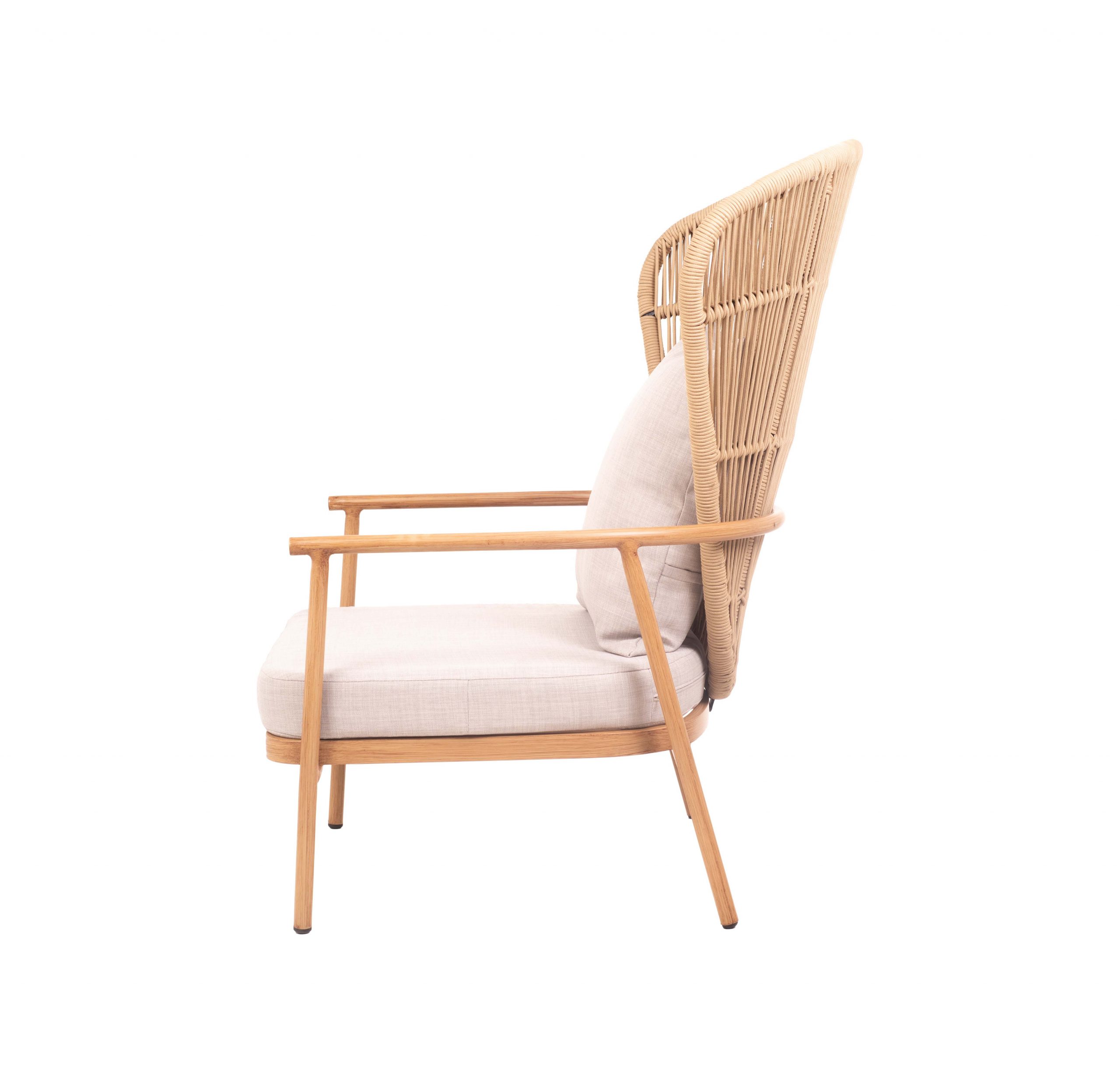 Beige cushioned chair with a wicker backrest and wooden armrests, creating a natural, relaxed aesthetic. The setting is minimalist and inviting.