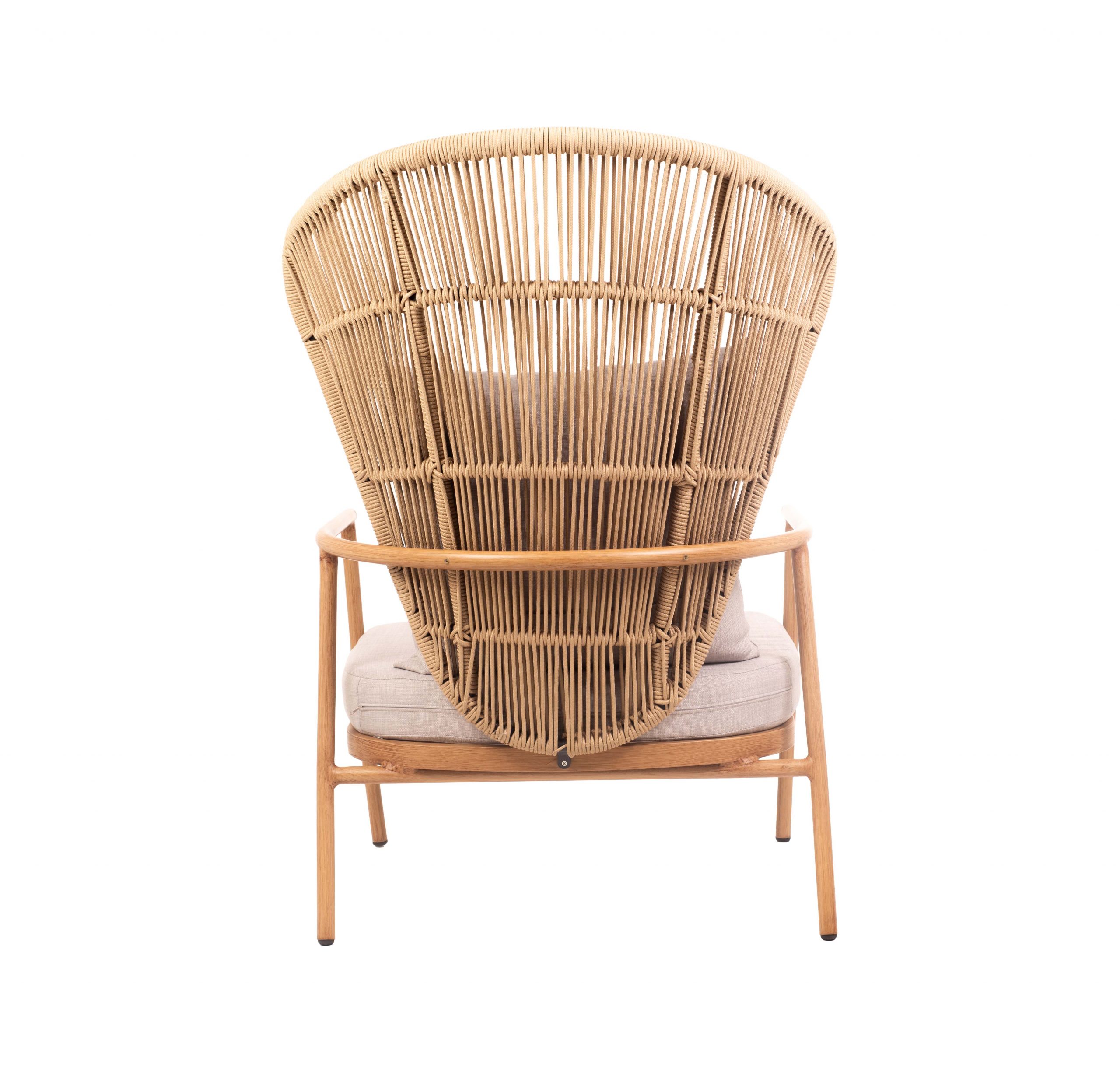 Beige cushioned chair with a wicker backrest and wooden armrests, creating a natural, relaxed aesthetic. The setting is minimalist and inviting.