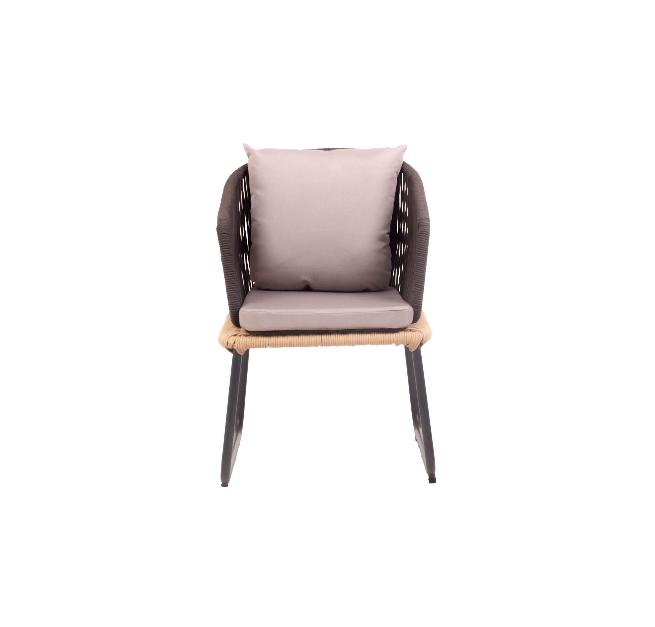 Modern chair with a woven black frame, light grey cushions, and slim black legs. The minimalistic design conveys a sense of comfort and elegance.