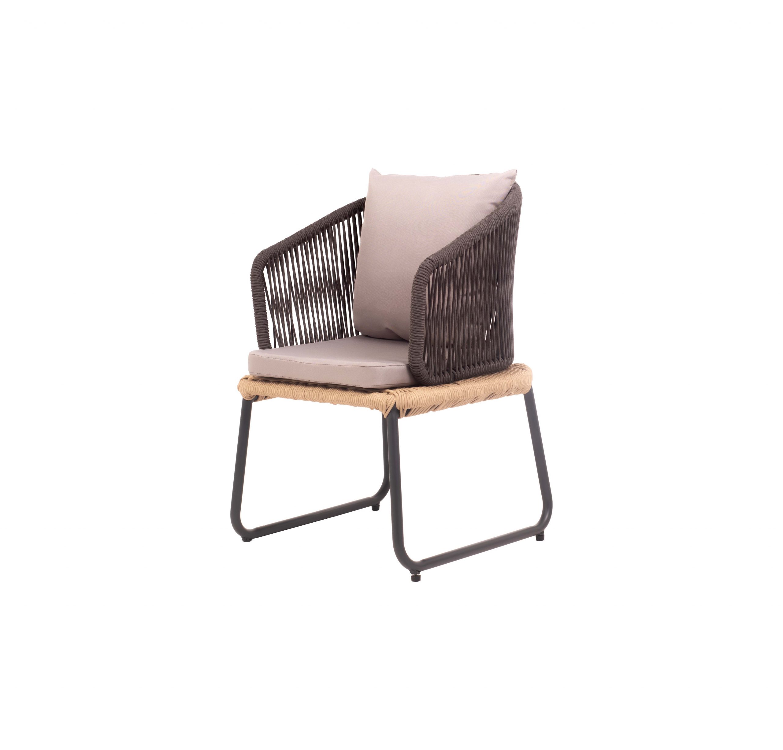Modern chair with a woven black frame, light grey cushions, and slim black legs. The minimalistic design conveys a sense of comfort and elegance.