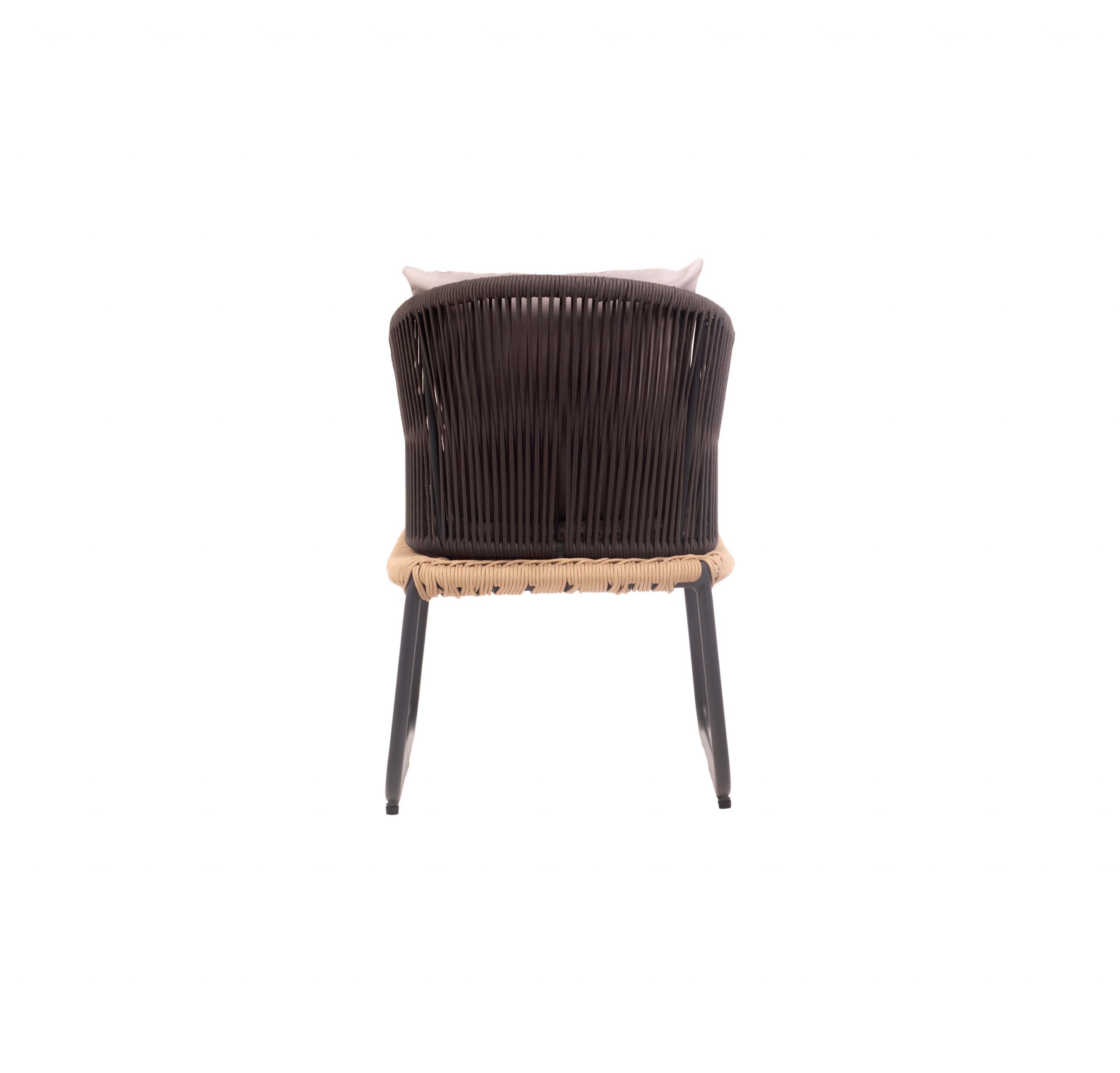 Modern chair with a woven black frame, light grey cushions, and slim black legs. The minimalistic design conveys a sense of comfort and elegance.