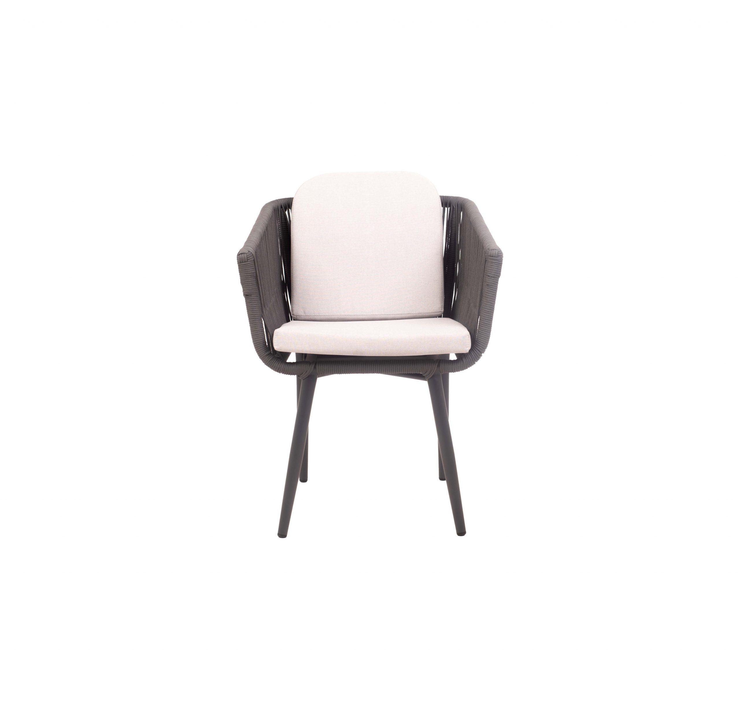 A modern chair with a black woven frame and light beige cushions on the seat and backrest. It has a sleek, minimalist design with a comfortable and stylish look.