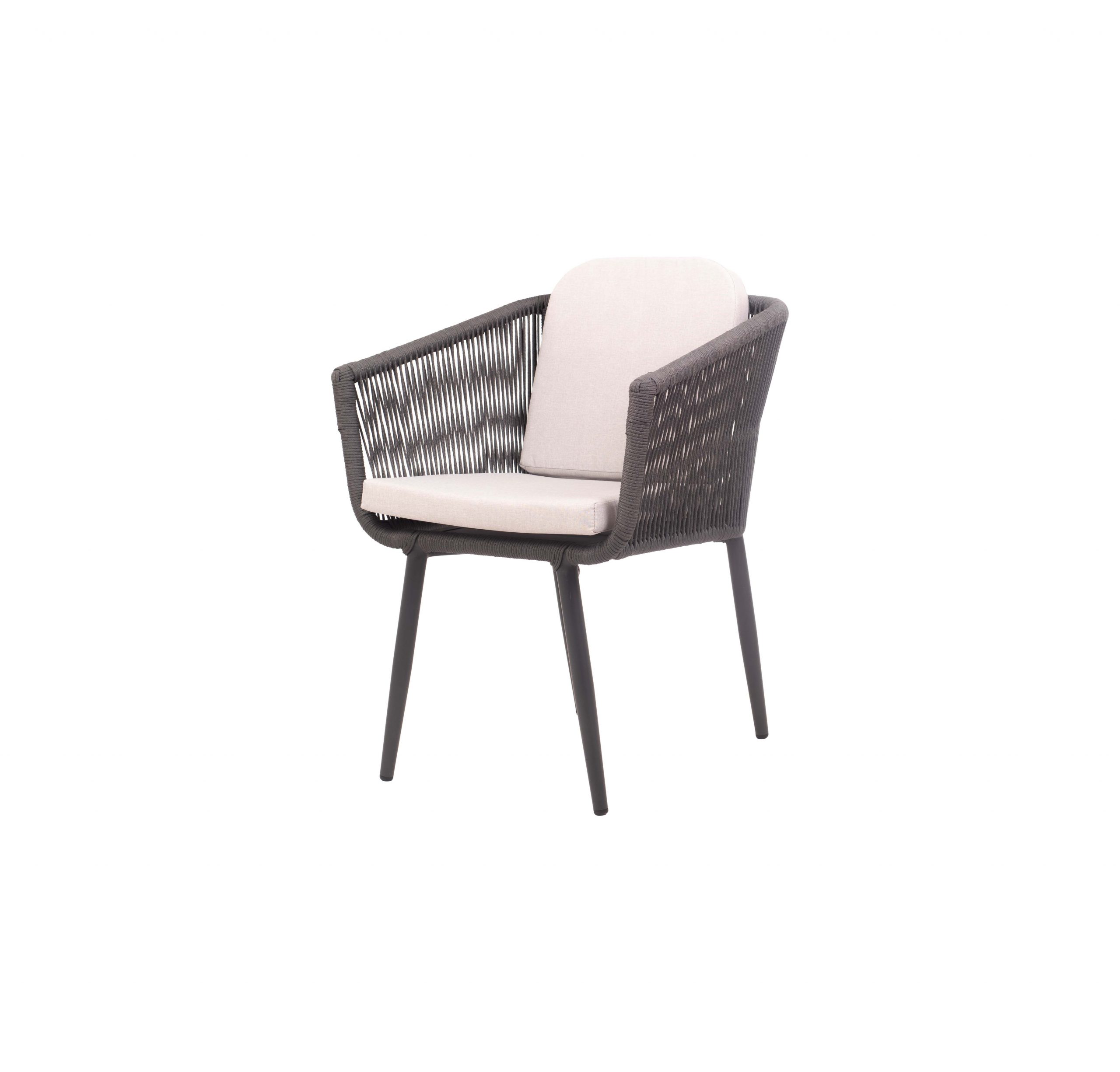 A modern chair with a black woven frame and light beige cushions on the seat and backrest. It has a sleek, minimalist design with a comfortable and stylish look.