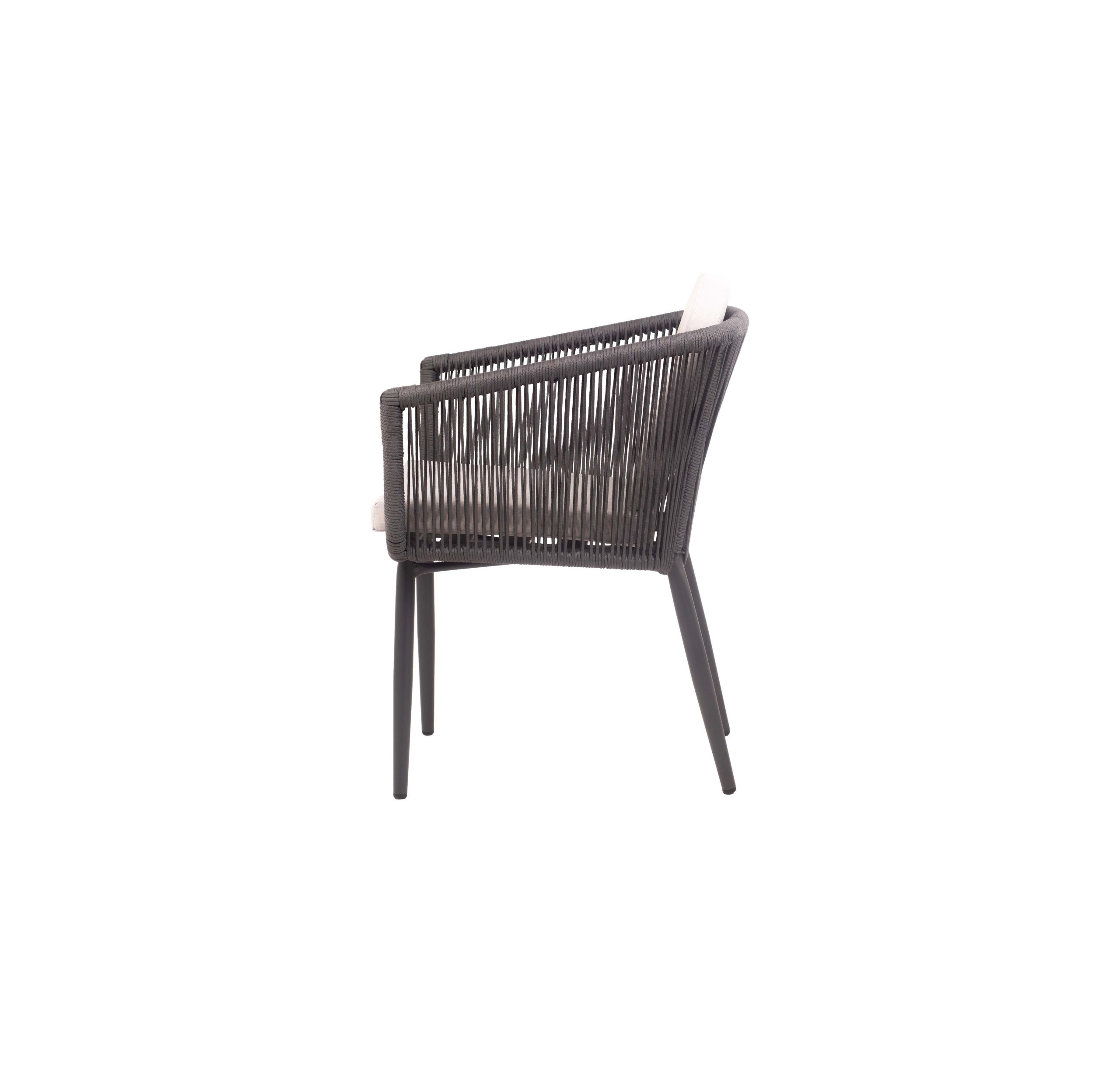 A modern chair with a black woven frame and light beige cushions on the seat and backrest. It has a sleek, minimalist design with a comfortable and stylish look.