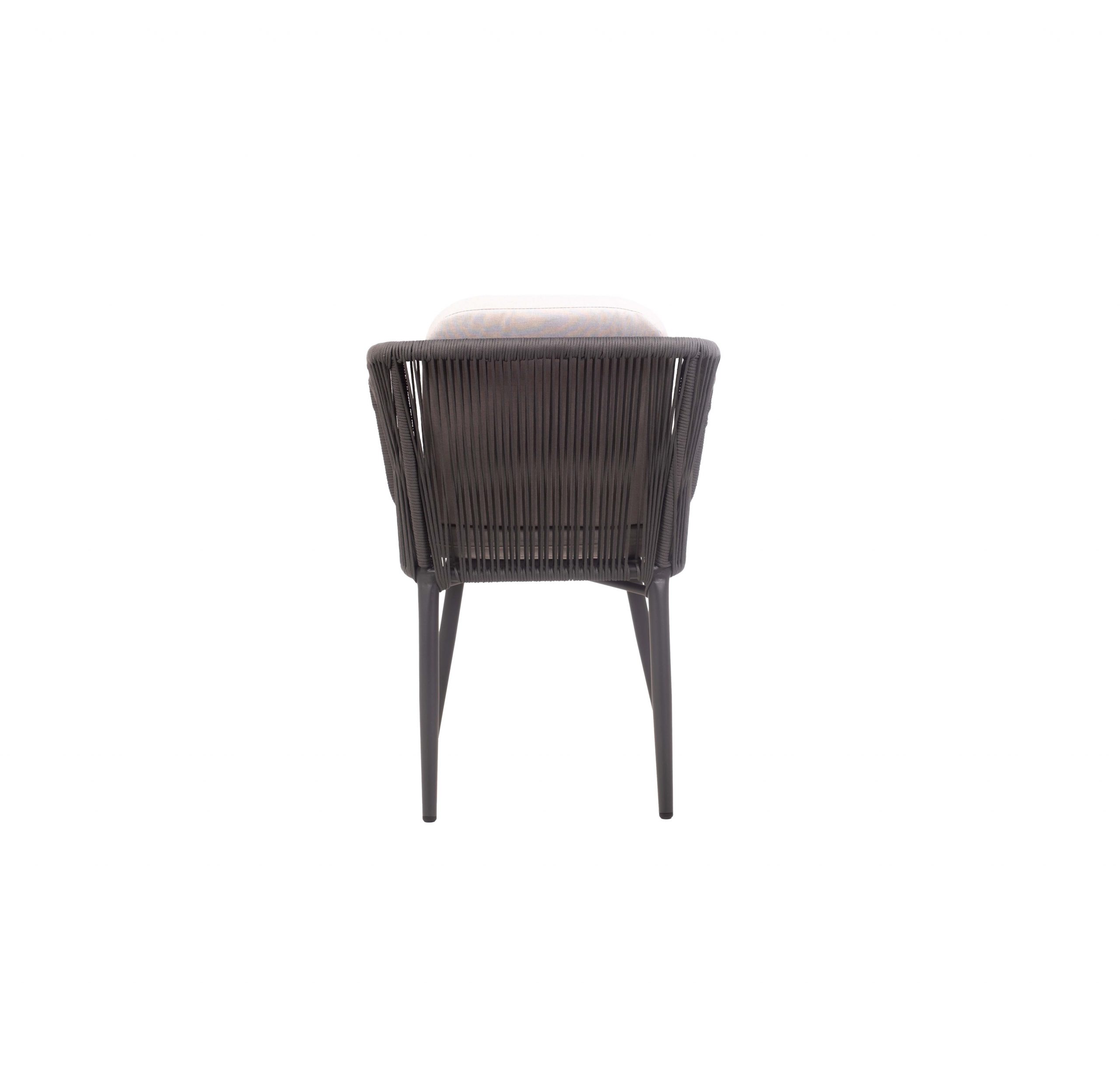 A modern chair with a black woven frame and light beige cushions on the seat and backrest. It has a sleek, minimalist design with a comfortable and stylish look.