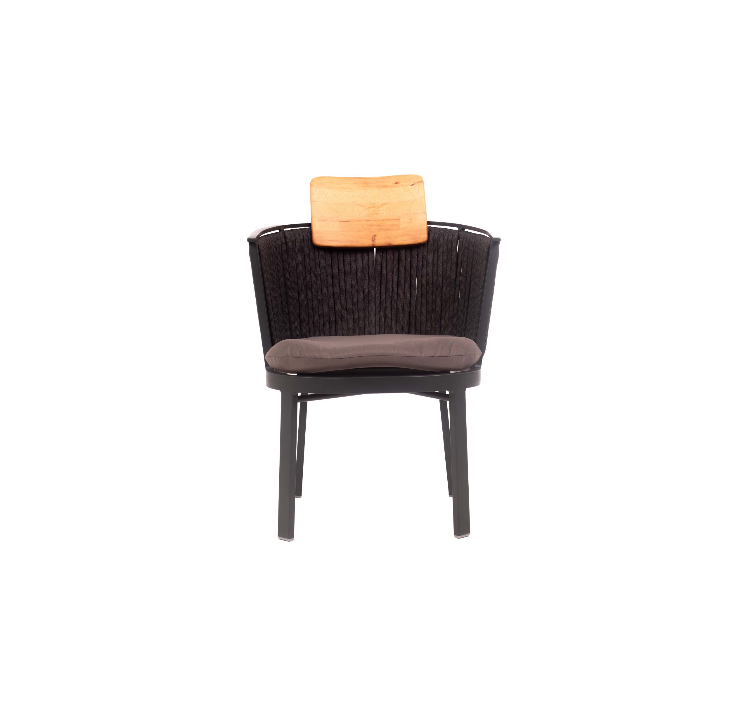 A modern chair with a rounded black woven back, wooden headrest, and cushioned gray seat. It stands on sleek, sturdy black metal legs.