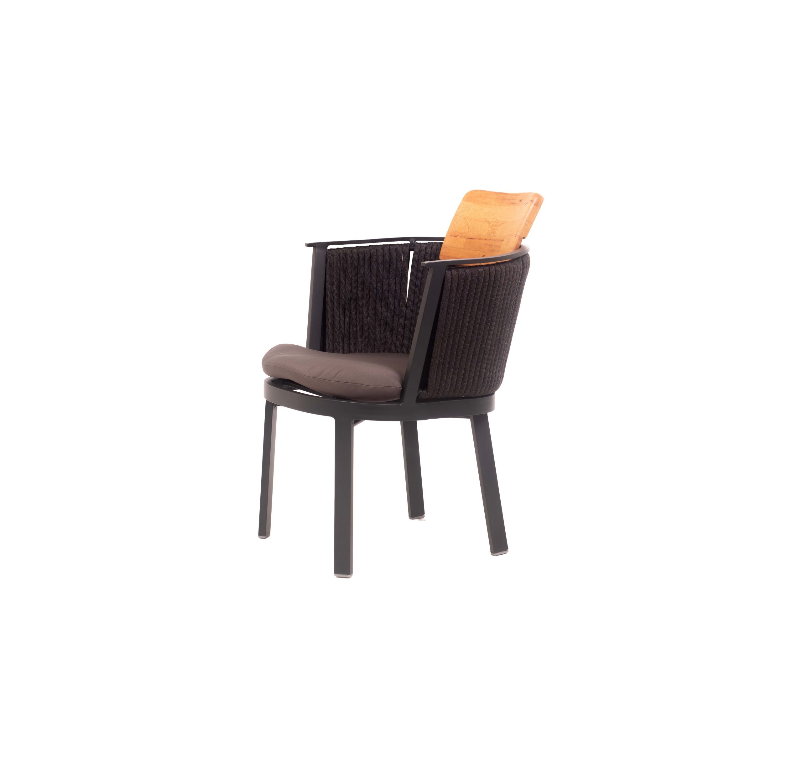 A modern chair with a rounded black woven back, wooden headrest, and cushioned gray seat. It stands on sleek, sturdy black metal legs.