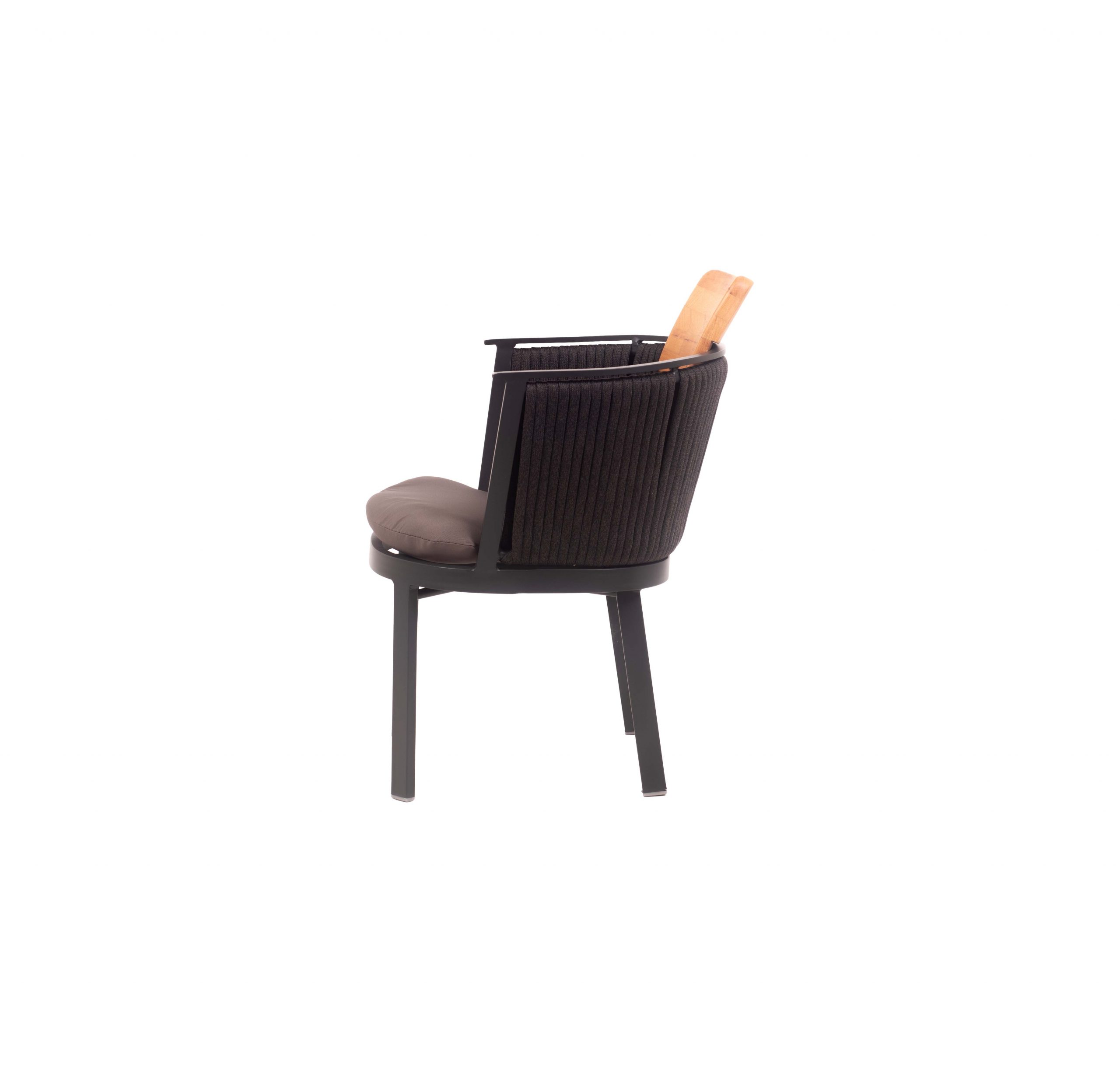 A modern chair with a rounded black woven back, wooden headrest, and cushioned gray seat. It stands on sleek, sturdy black metal legs.