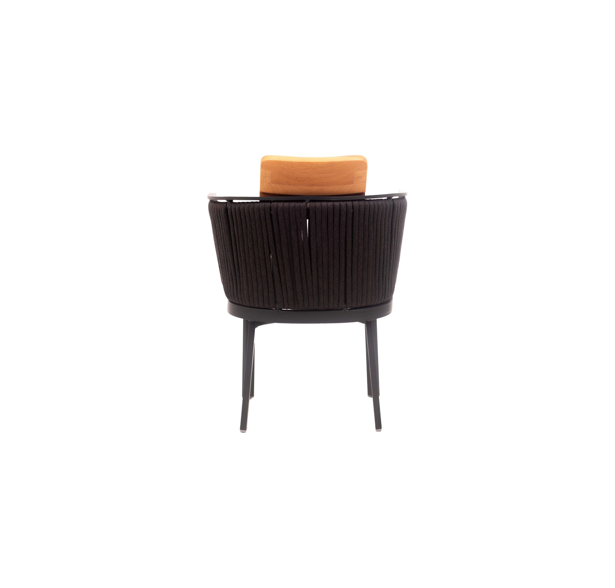 A modern chair with a rounded black woven back, wooden headrest, and cushioned gray seat. It stands on sleek, sturdy black metal legs.