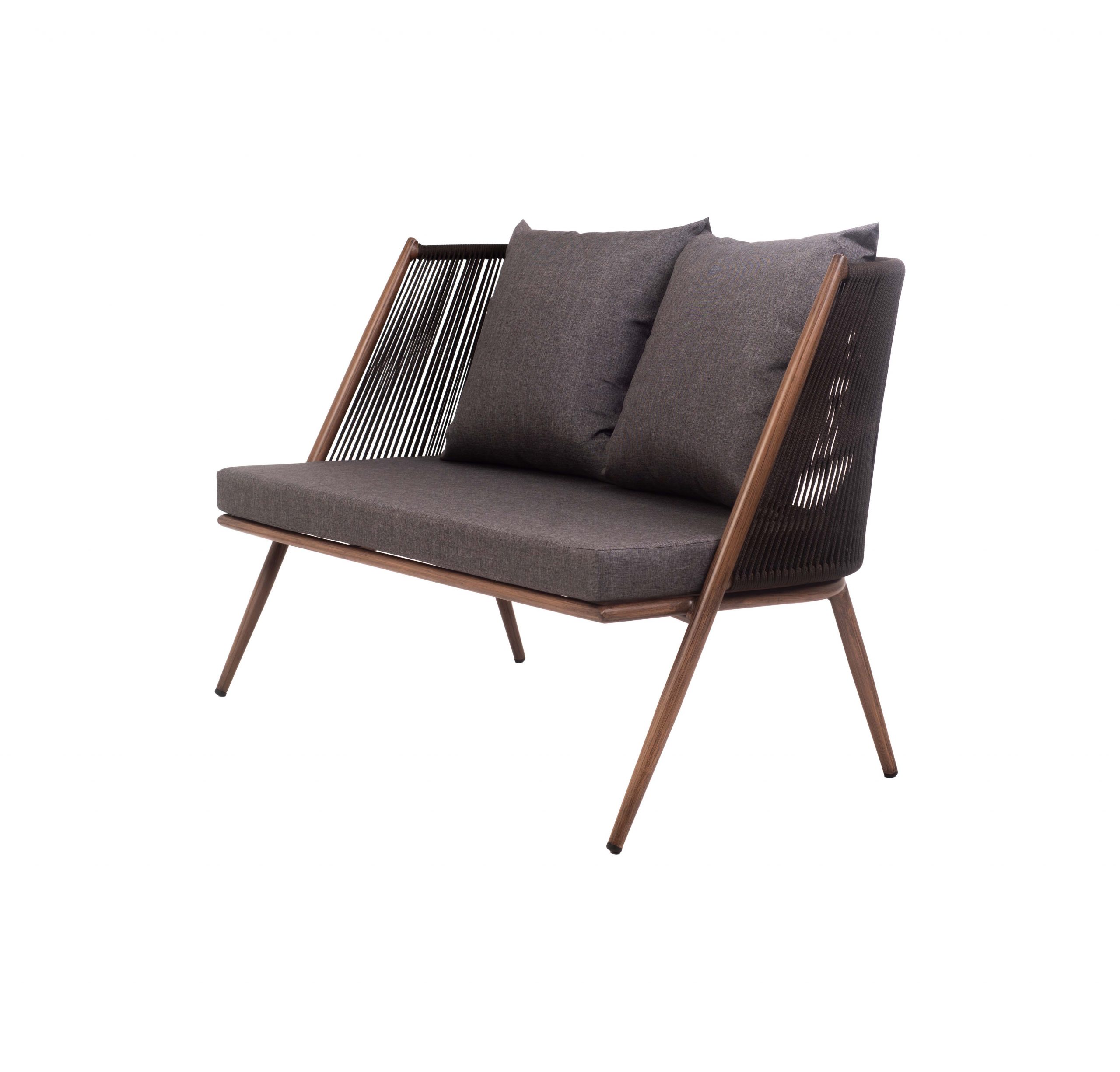 A modern two-seater sofa with a wooden frame and dark gray cushions. The backrest features a braided rope design, adding a sleek, minimalist look.