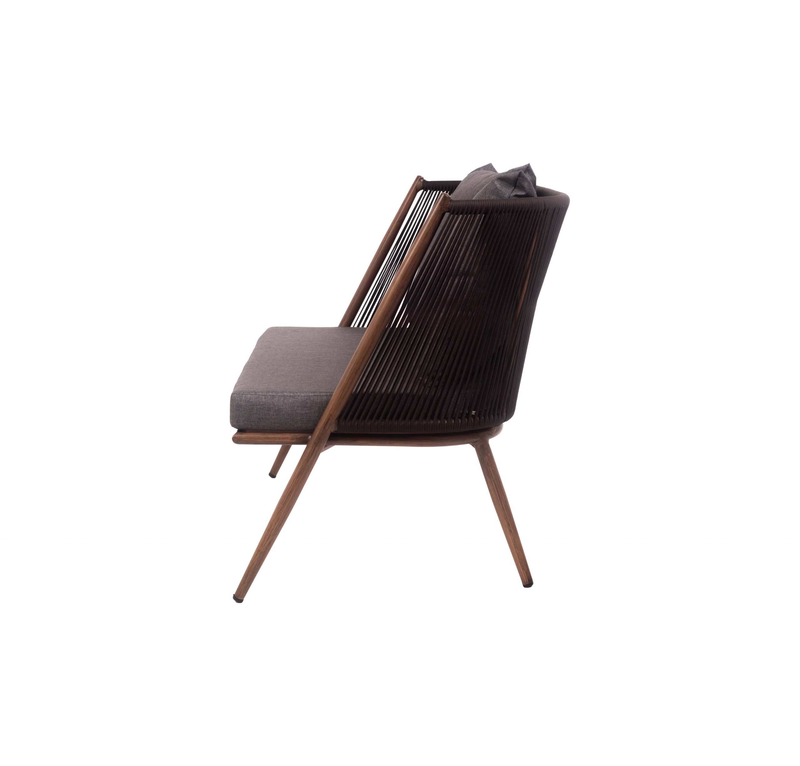 A modern two-seater sofa with a wooden frame and dark gray cushions. The backrest features a braided rope design, adding a sleek, minimalist look.