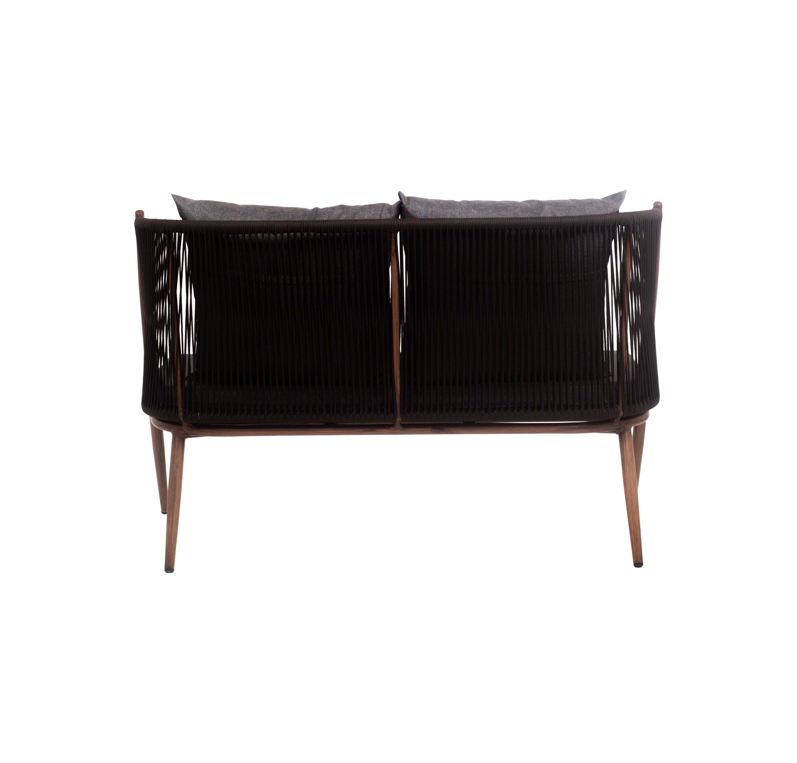 A modern two-seater sofa with a wooden frame and dark gray cushions. The backrest features a braided rope design, adding a sleek, minimalist look.