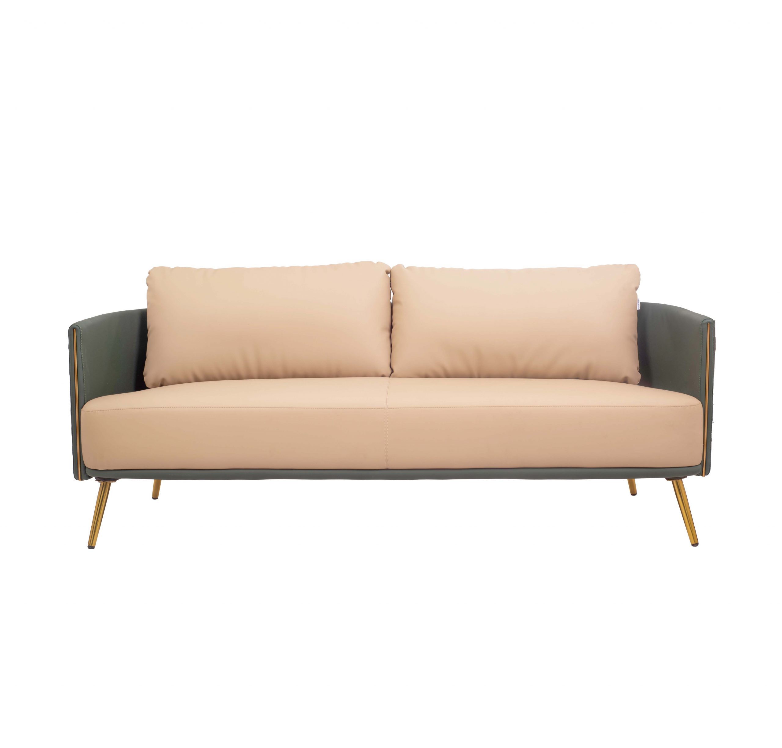 A modern beige sofa with cushioned backrests, slim armrests, and sleek gold legs. The design is minimalist and elegant, conveying a sense of comfort.