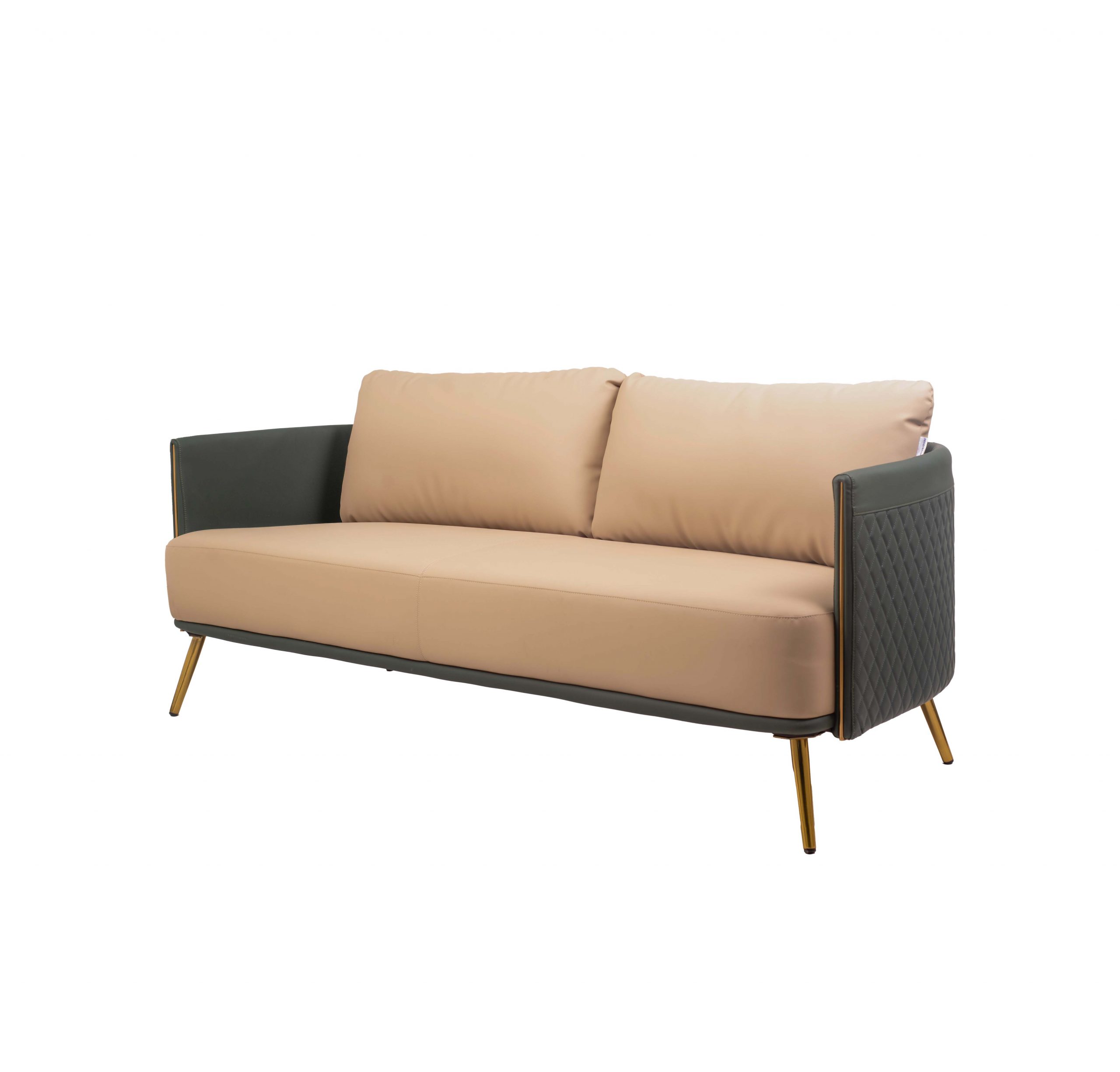 A modern beige sofa with cushioned backrests, slim armrests, and sleek gold legs. The design is minimalist and elegant, conveying a sense of comfort.