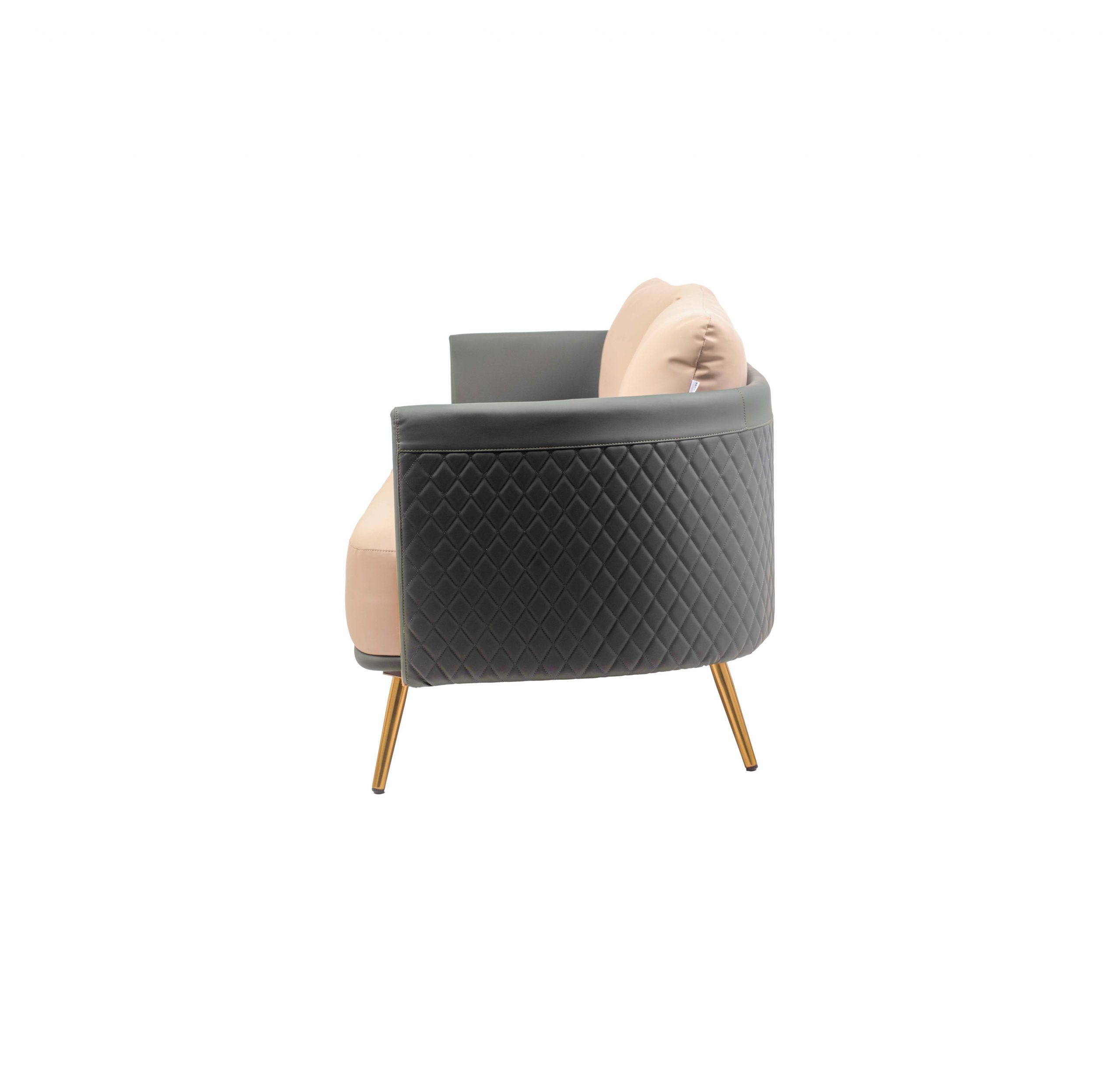 A modern beige sofa with cushioned backrests, slim armrests, and sleek gold legs. The design is minimalist and elegant, conveying a sense of comfort.