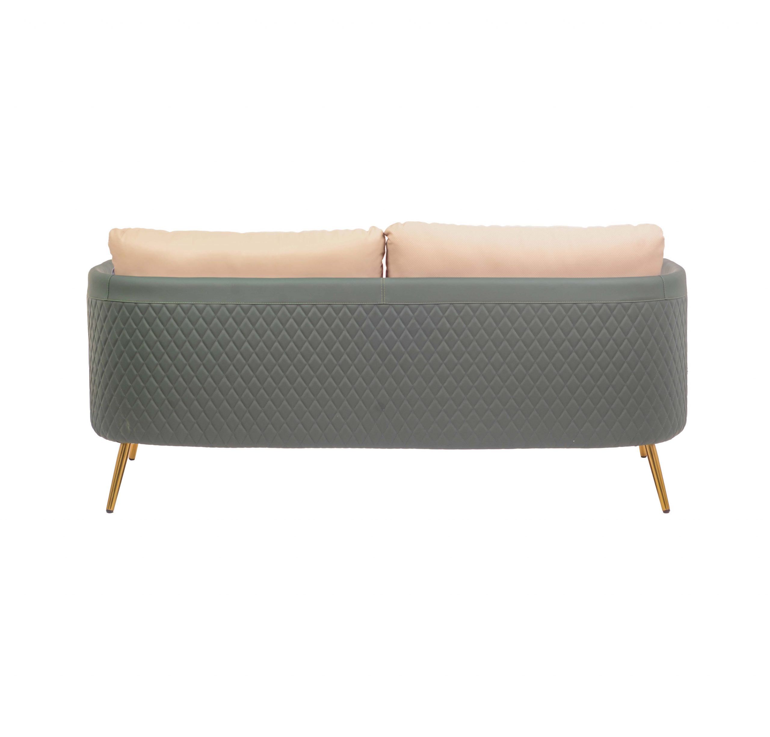 A modern beige sofa with cushioned backrests, slim armrests, and sleek gold legs. The design is minimalist and elegant, conveying a sense of comfort.