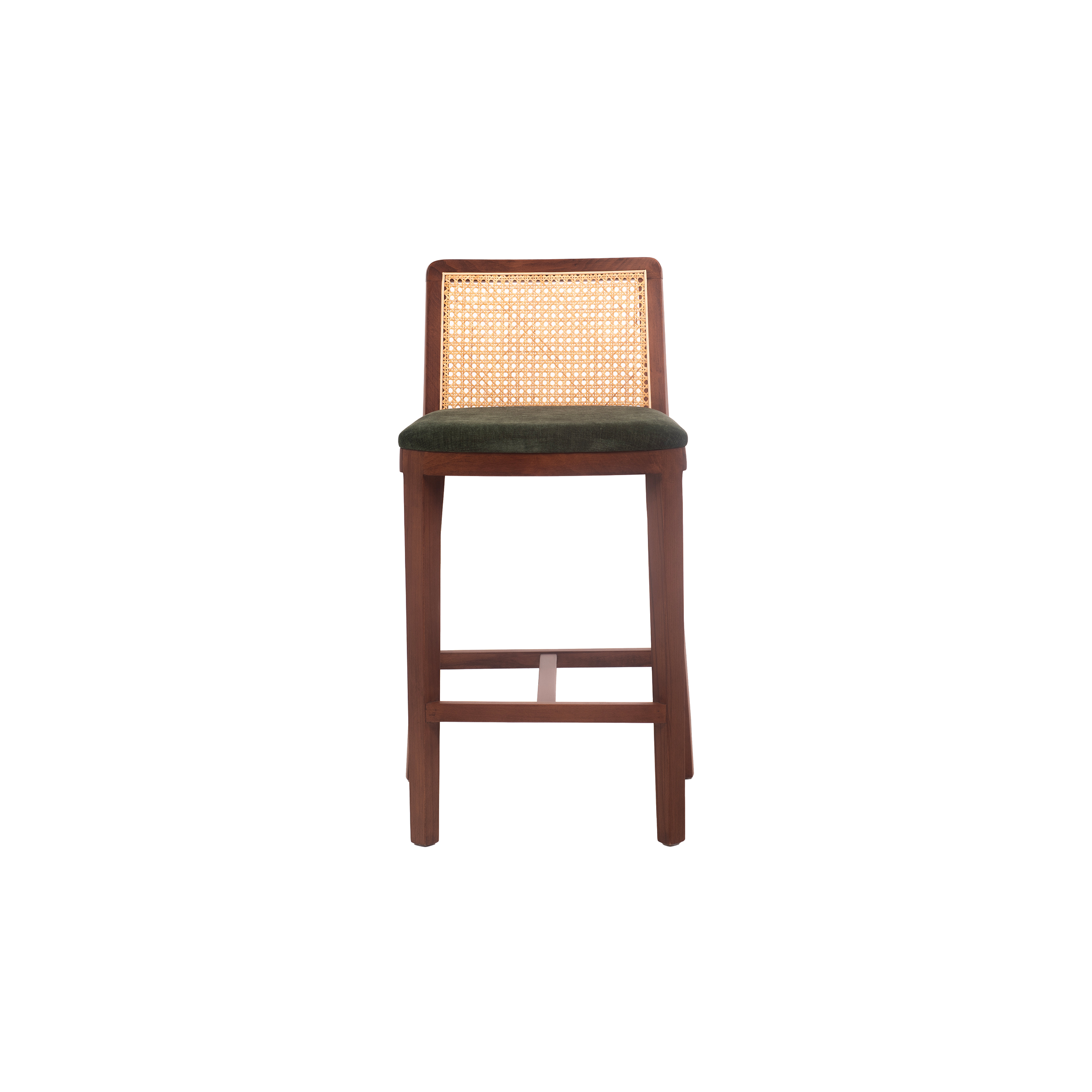 A tall wooden bar stool with a woven rattan backrest and a dark green cushioned seat. The design is minimalist, conveying a modern, rustic aesthetic.