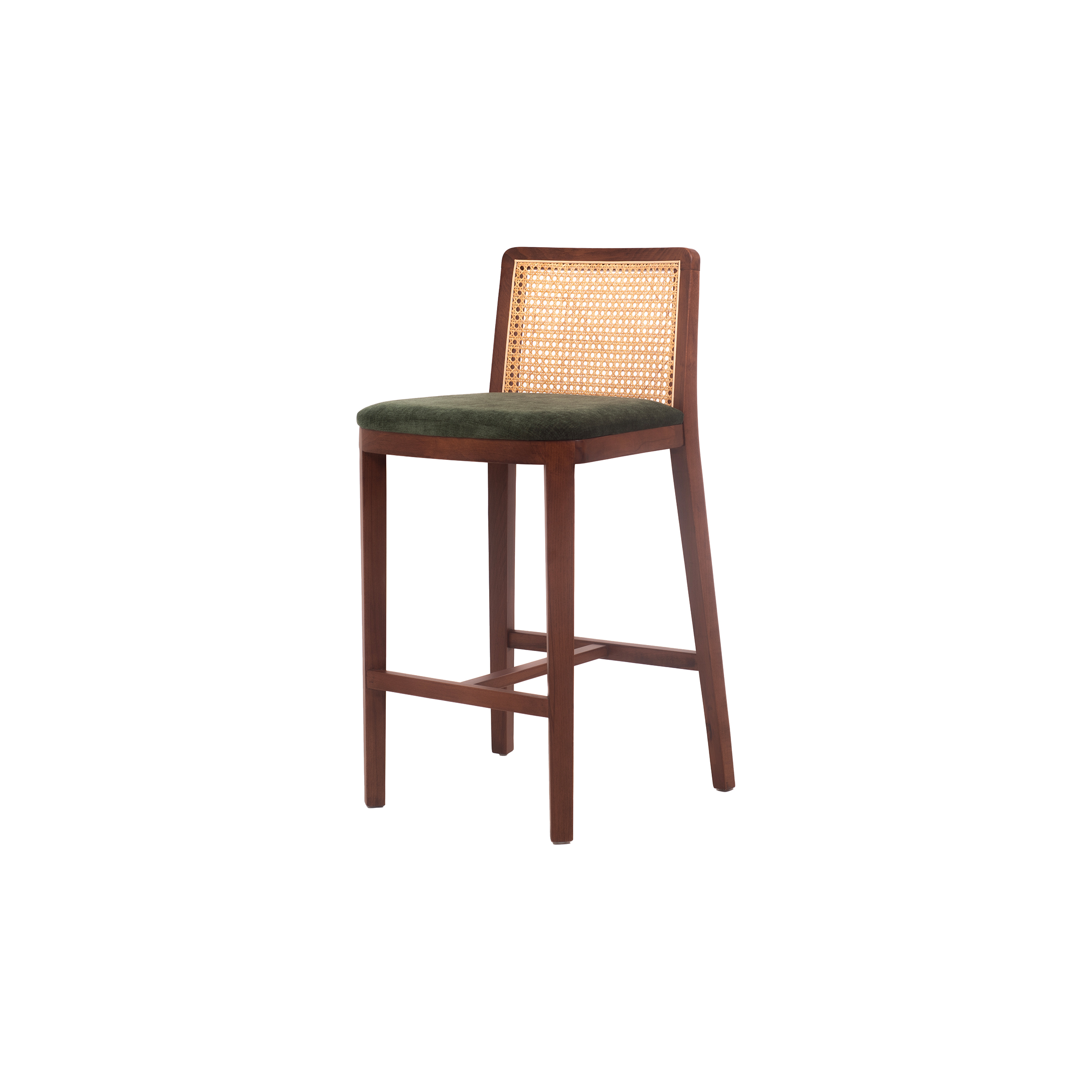 A tall wooden bar stool with a woven rattan backrest and a dark green cushioned seat. The design is minimalist, conveying a modern, rustic aesthetic.