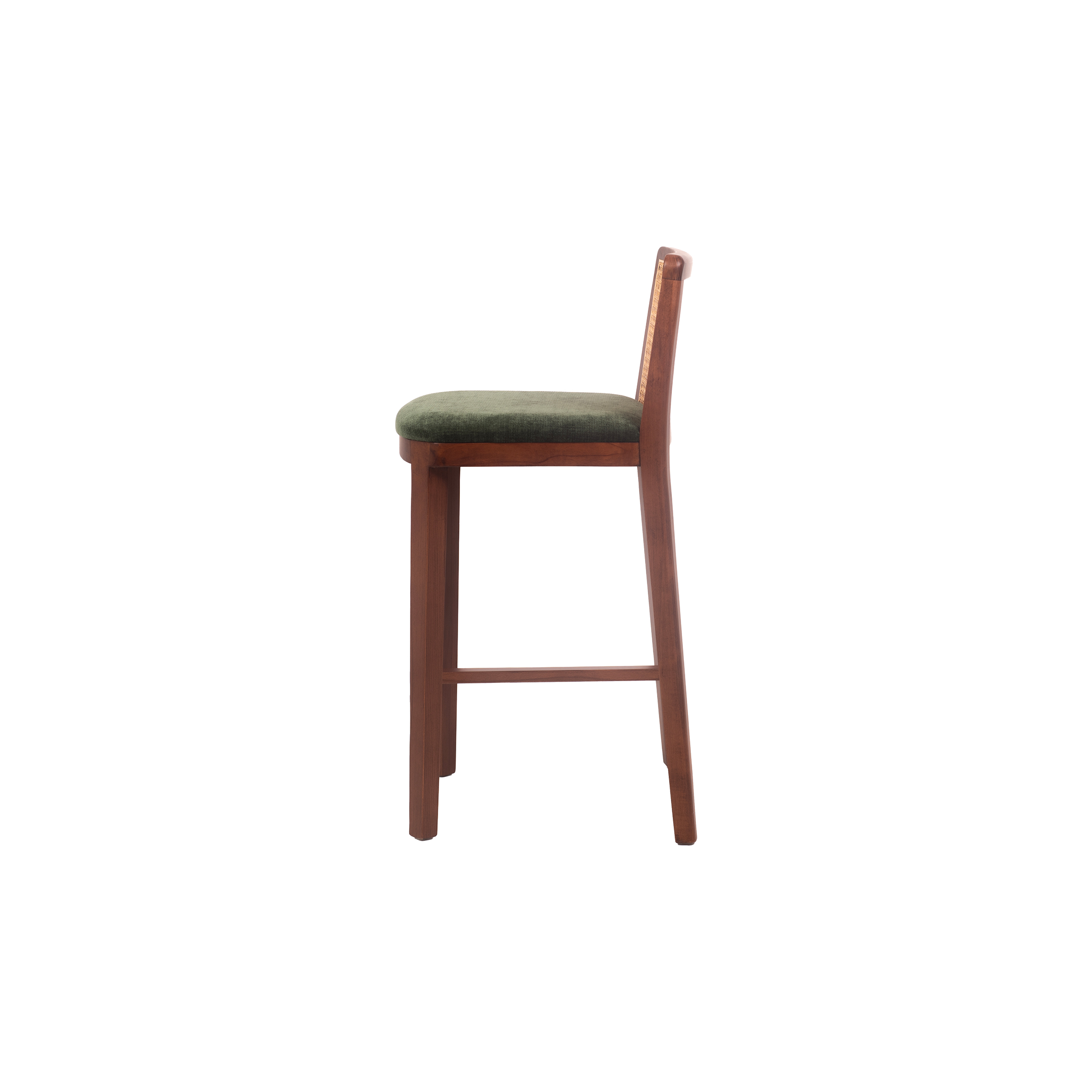 A tall wooden bar stool with a woven rattan backrest and a dark green cushioned seat. The design is minimalist, conveying a modern, rustic aesthetic.