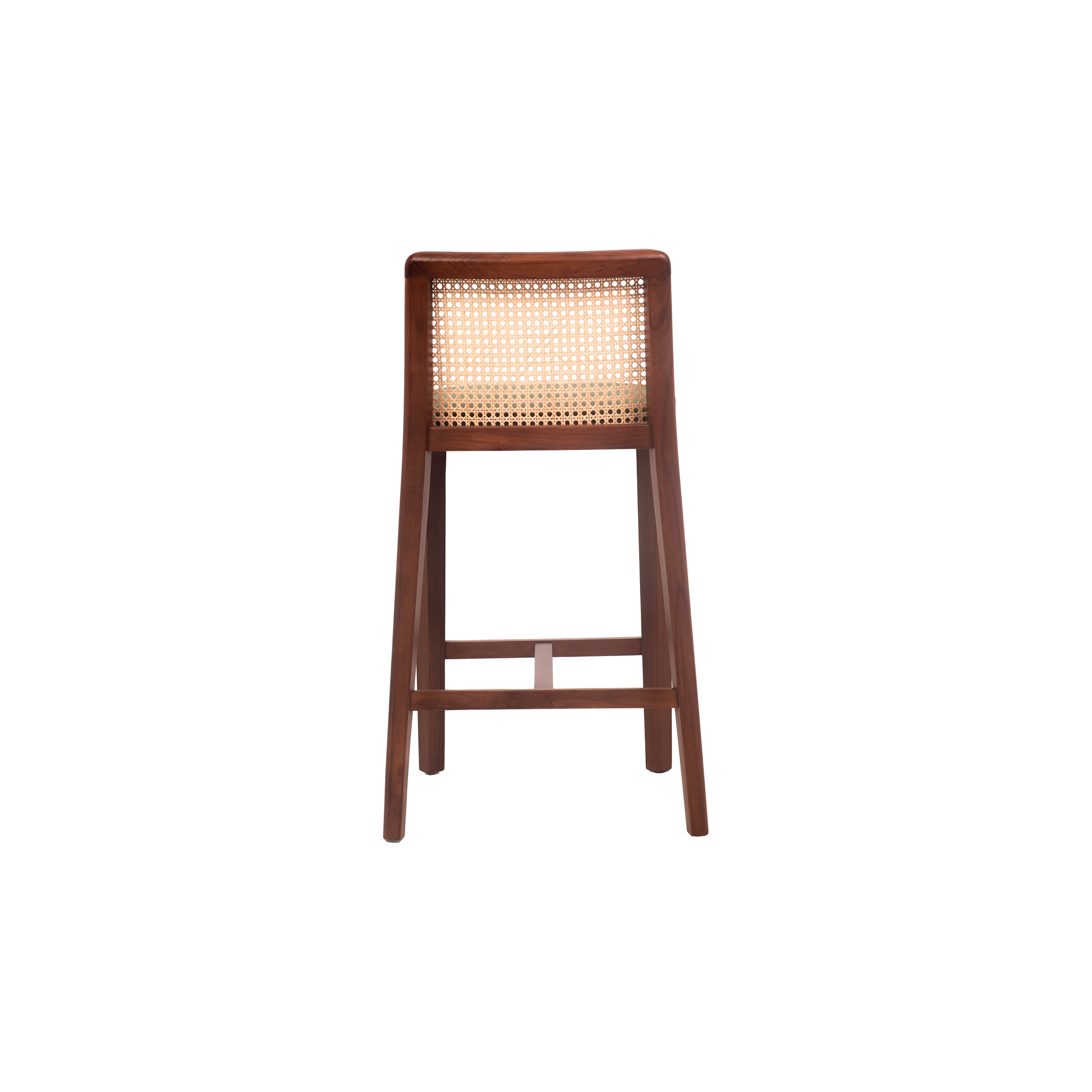 A tall wooden bar stool with a woven rattan backrest and a dark green cushioned seat. The design is minimalist, conveying a modern, rustic aesthetic.