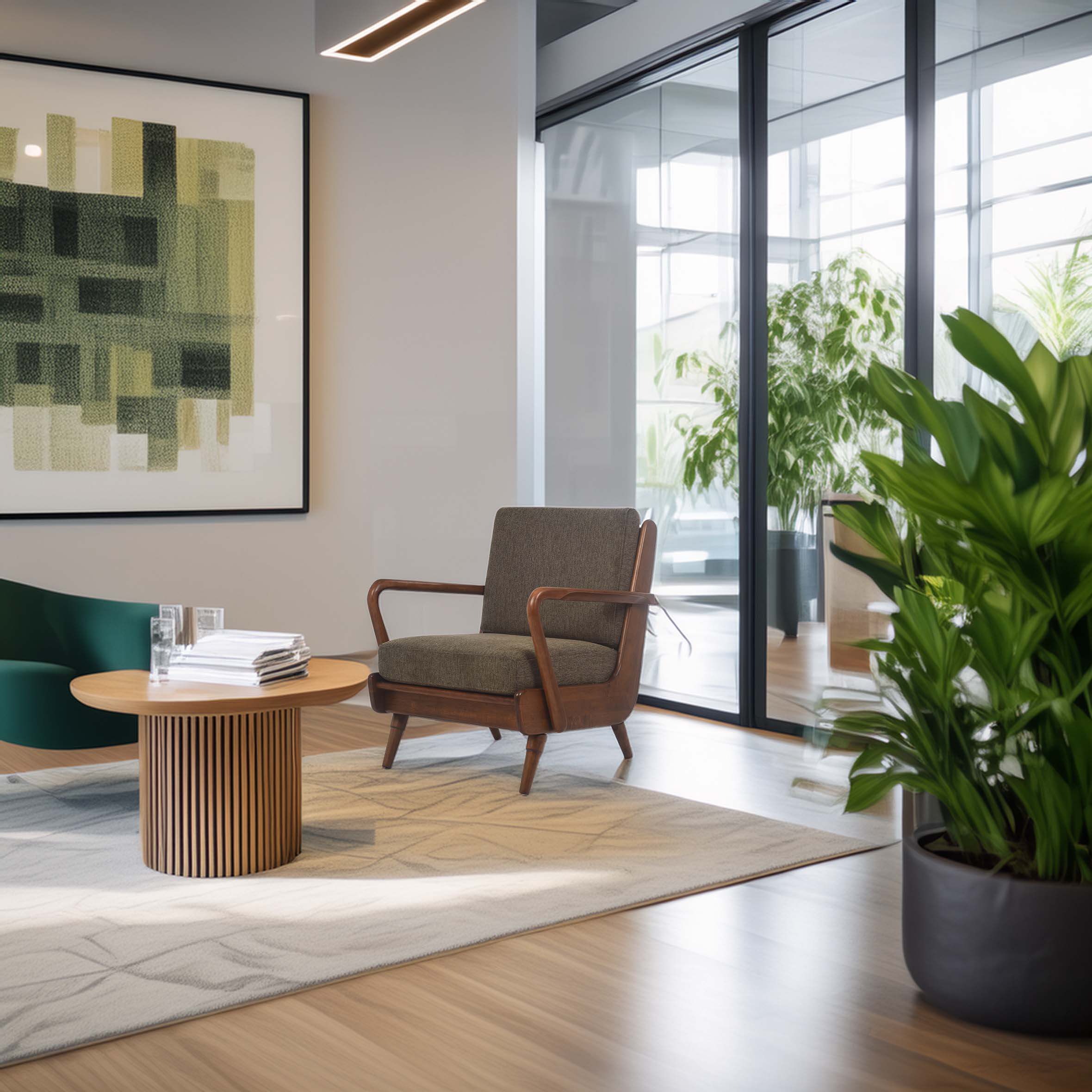 Modern office lounge with a gray armchair and round wooden table on a beige rug. Large green plant and abstract art create a serene atmosphere.