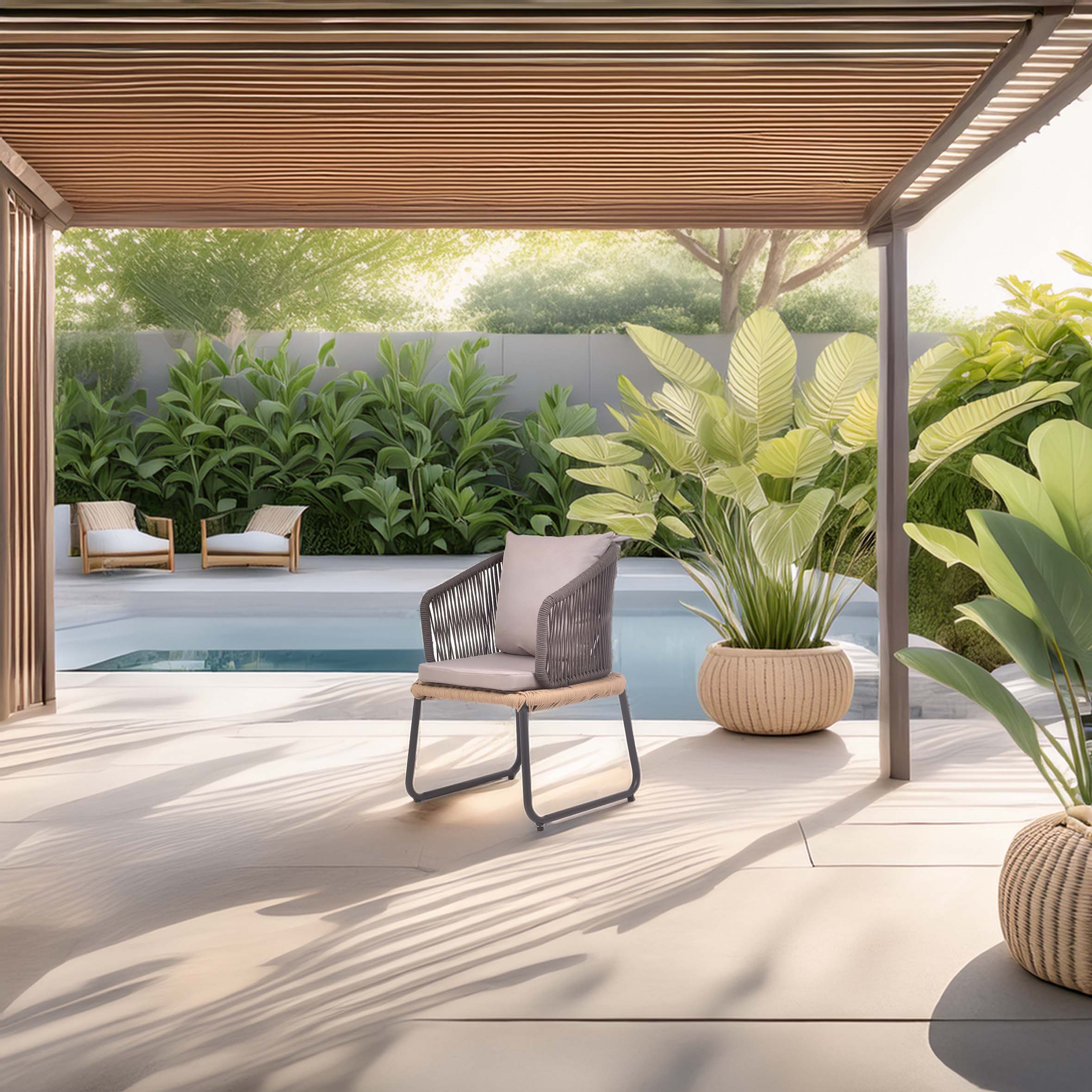 Modern outdoor patio with wicker chair under slatted pergola, overlooking a pool. Lush green plants in pots create a tranquil, inviting ambiance.
