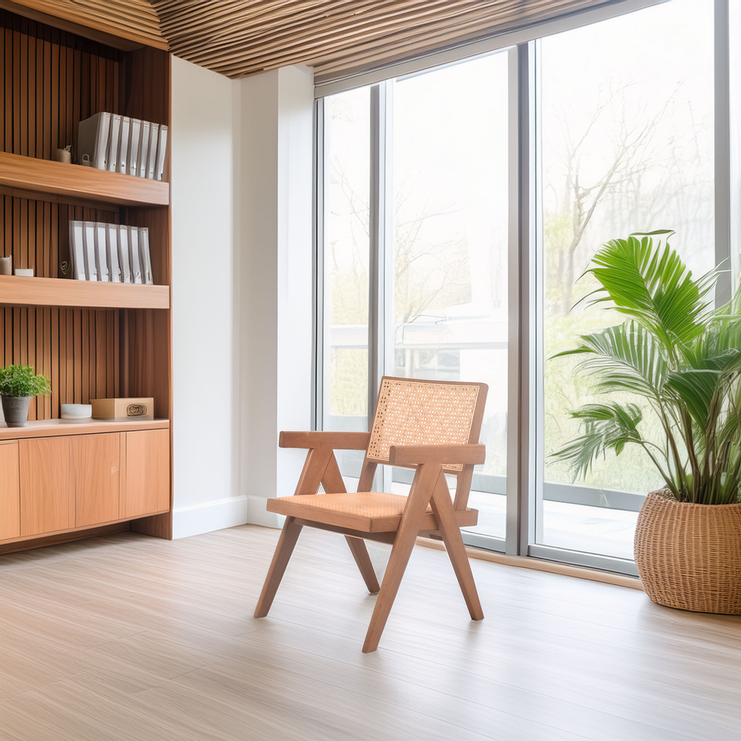 A minimalist room features a wooden chair with woven rattan details beside large windows. Nearby, a lush potted plant adds greenery. The space feels serene.