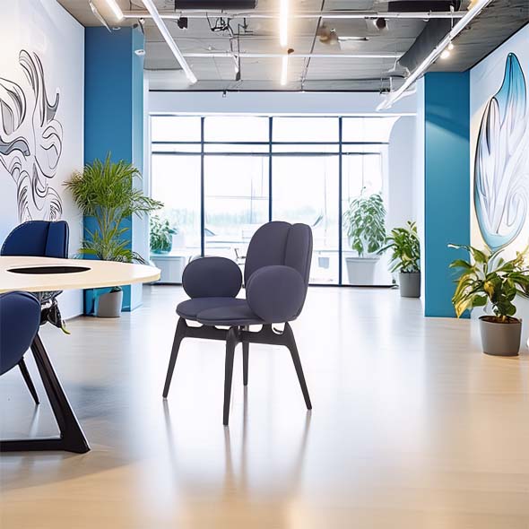 Modern office space with blue chairs, abstract wall art, and large windows. Potted plants and sleek design create a fresh, inviting atmosphere.