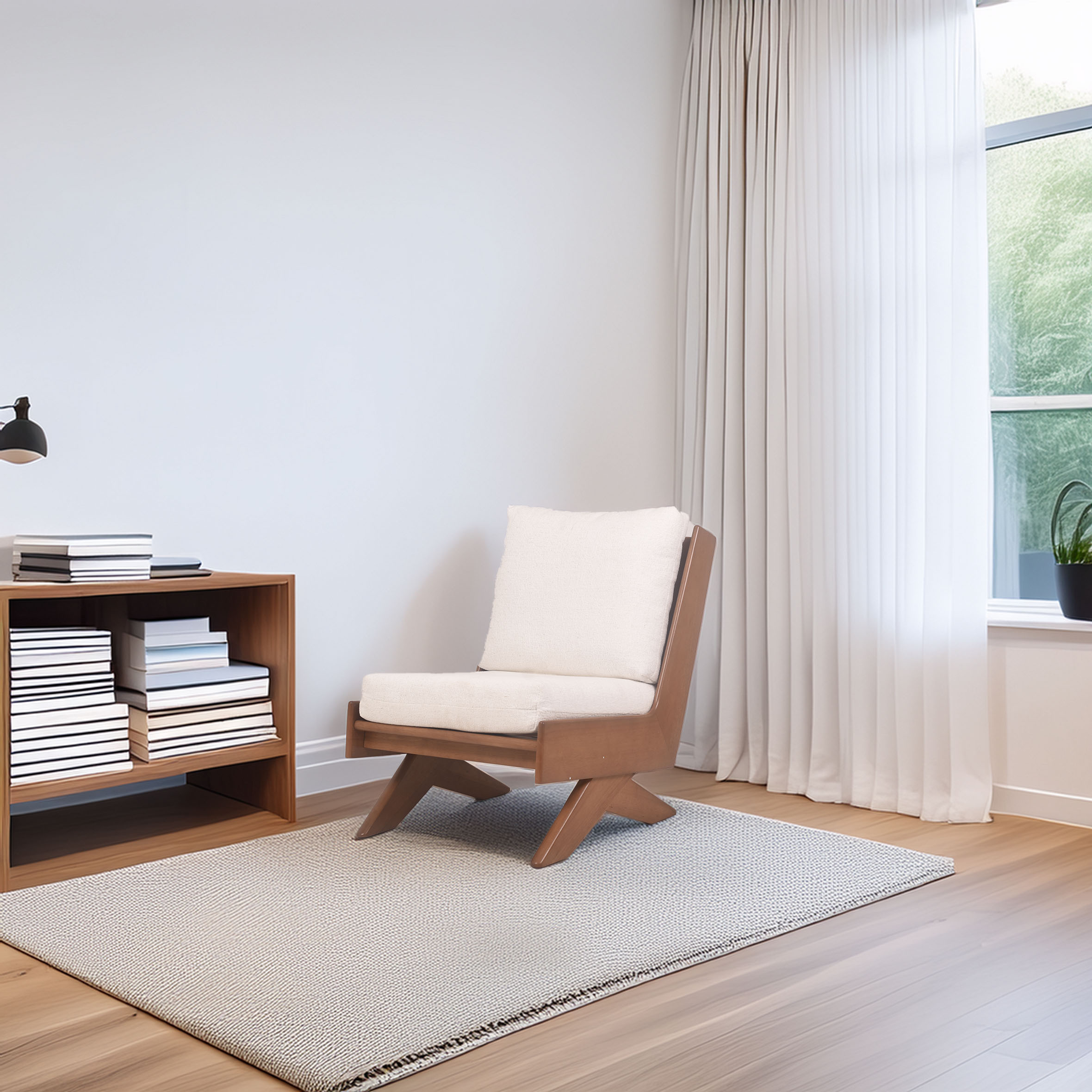 Minimalist room with a white cushioned wooden chair on a textured rug, a wooden shelf stacked with books, and sheer curtains framing a window.