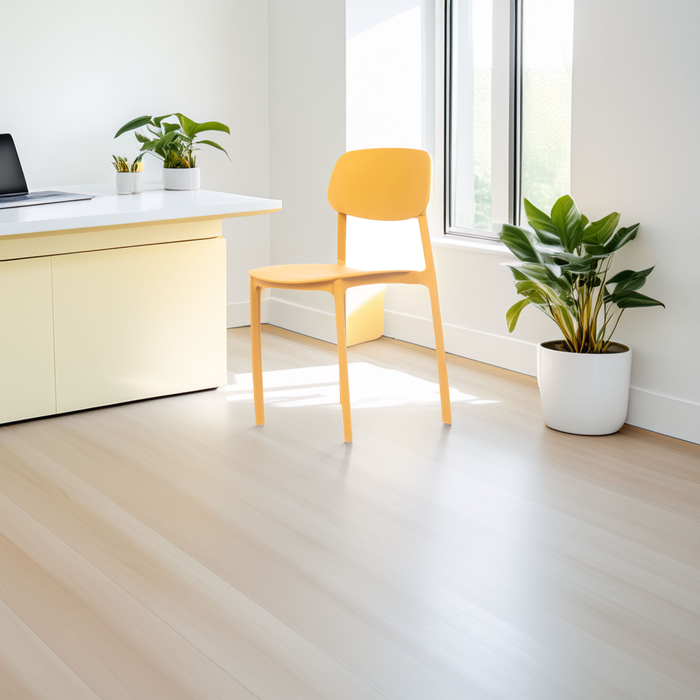 A minimalist office features a yellow chair, a light yellow desk with a laptop and plants, sunlight from a window, and a potted plant, creating a bright, calm atmosphere.