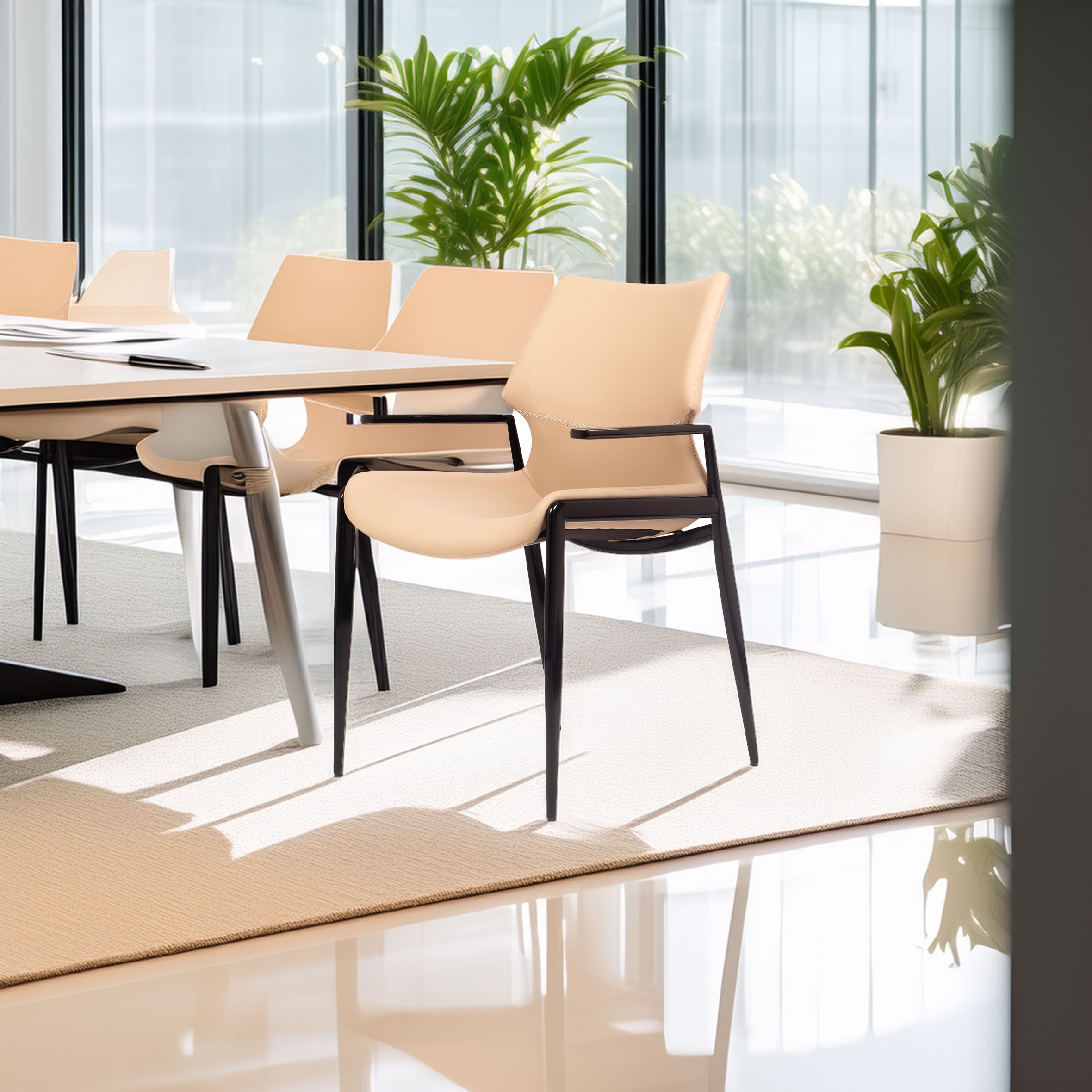 Modern conference room with beige chairs around a sleek table, large windows letting in natural light, and lush green plants enhancing a tranquil ambiance.