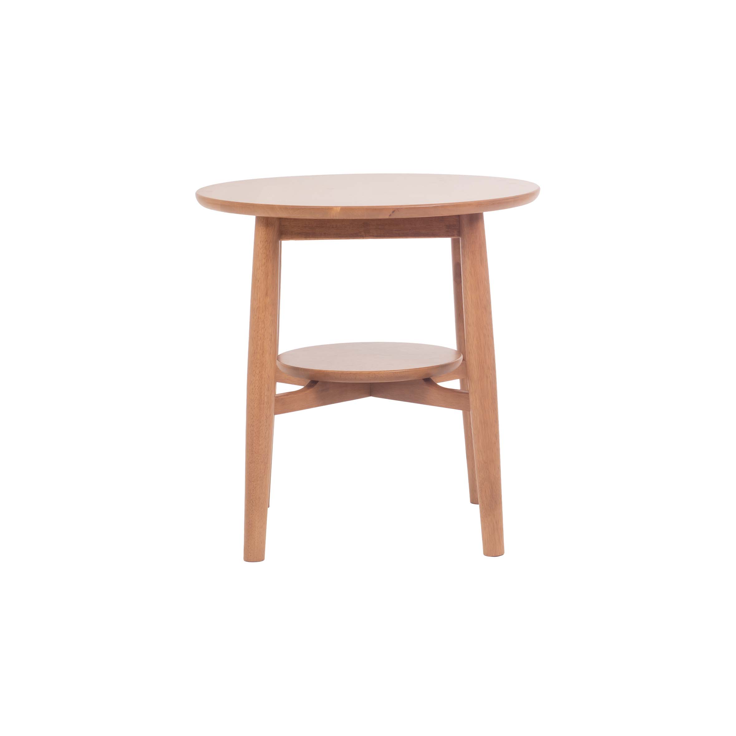 Round wooden side table with four sturdy legs and a circular shelf beneath the tabletop. The natural wood finish gives a warm, minimalist look.