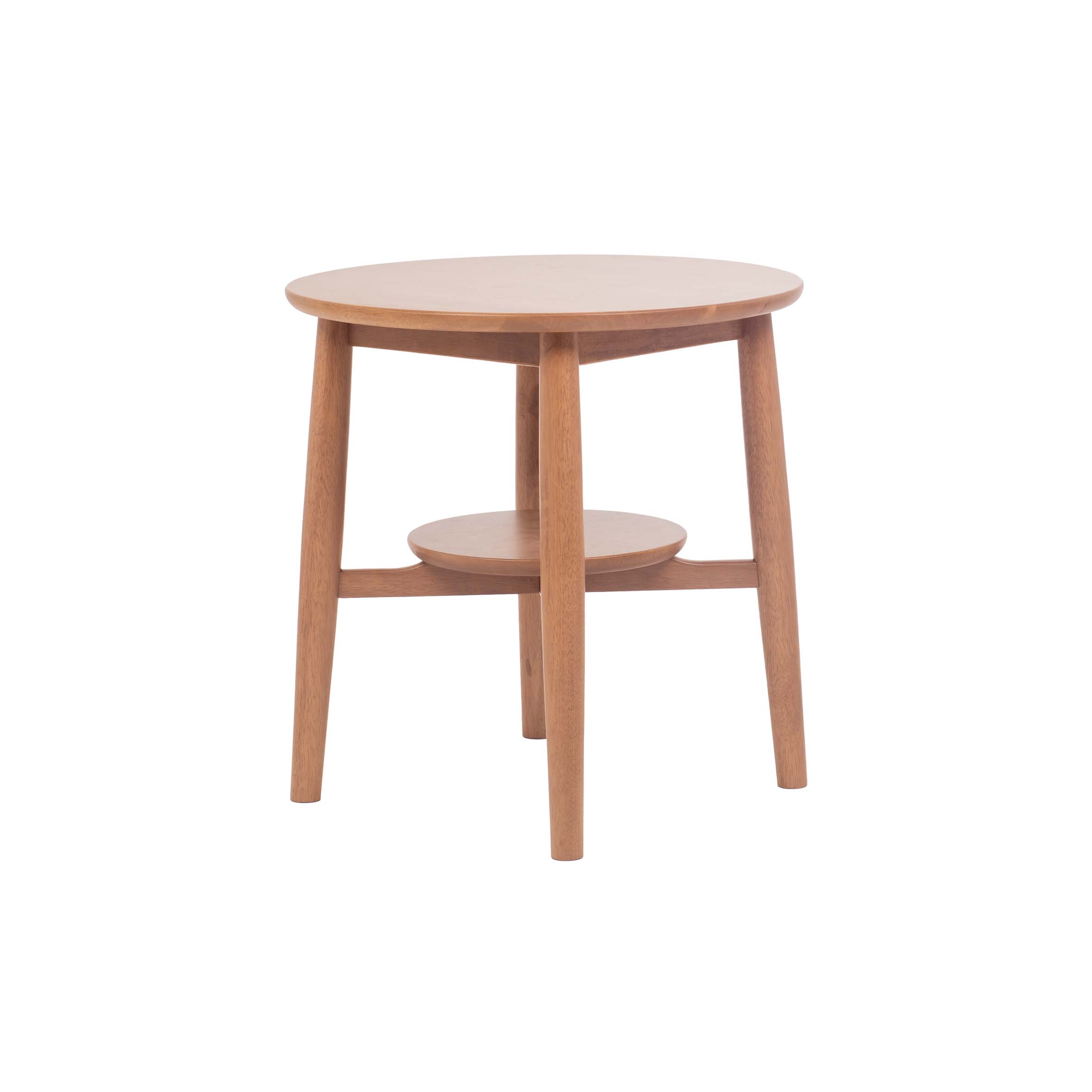 Round wooden side table with four sturdy legs and a circular shelf beneath the tabletop. The natural wood finish gives a warm, minimalist look.